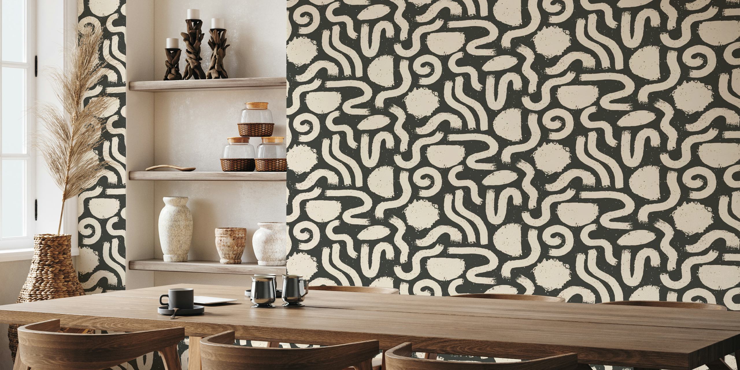 Painted Shapes Black and Peach Pattern wallpaper