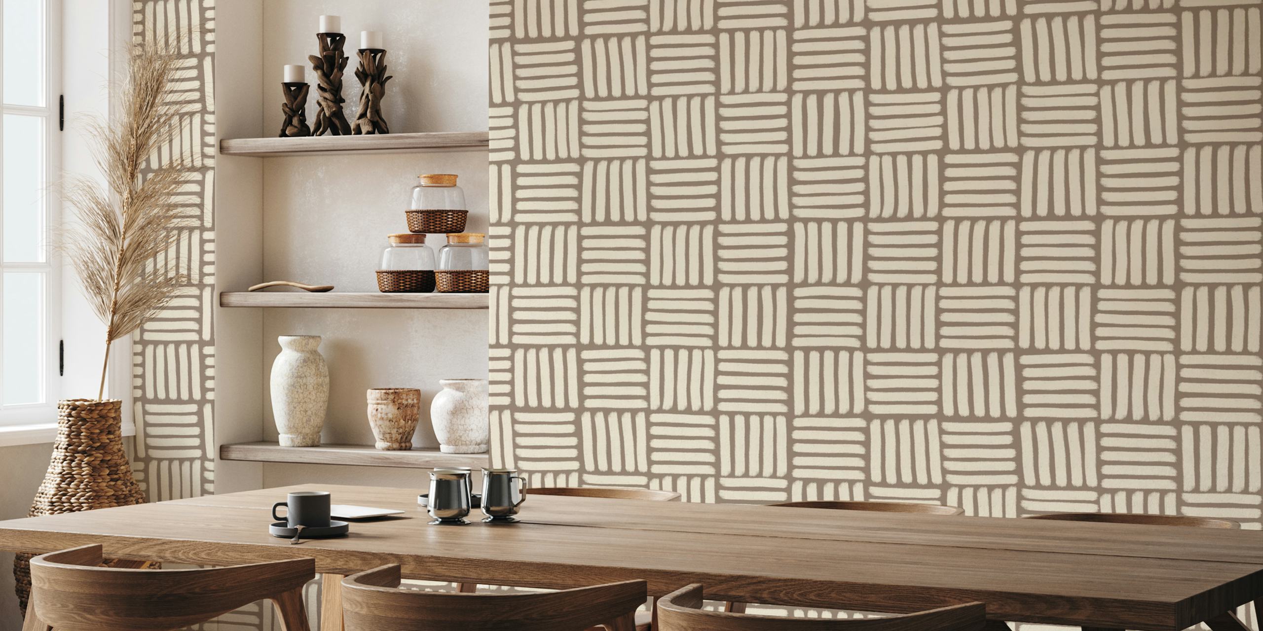 Taupe and white basketweave pattern wallpaper