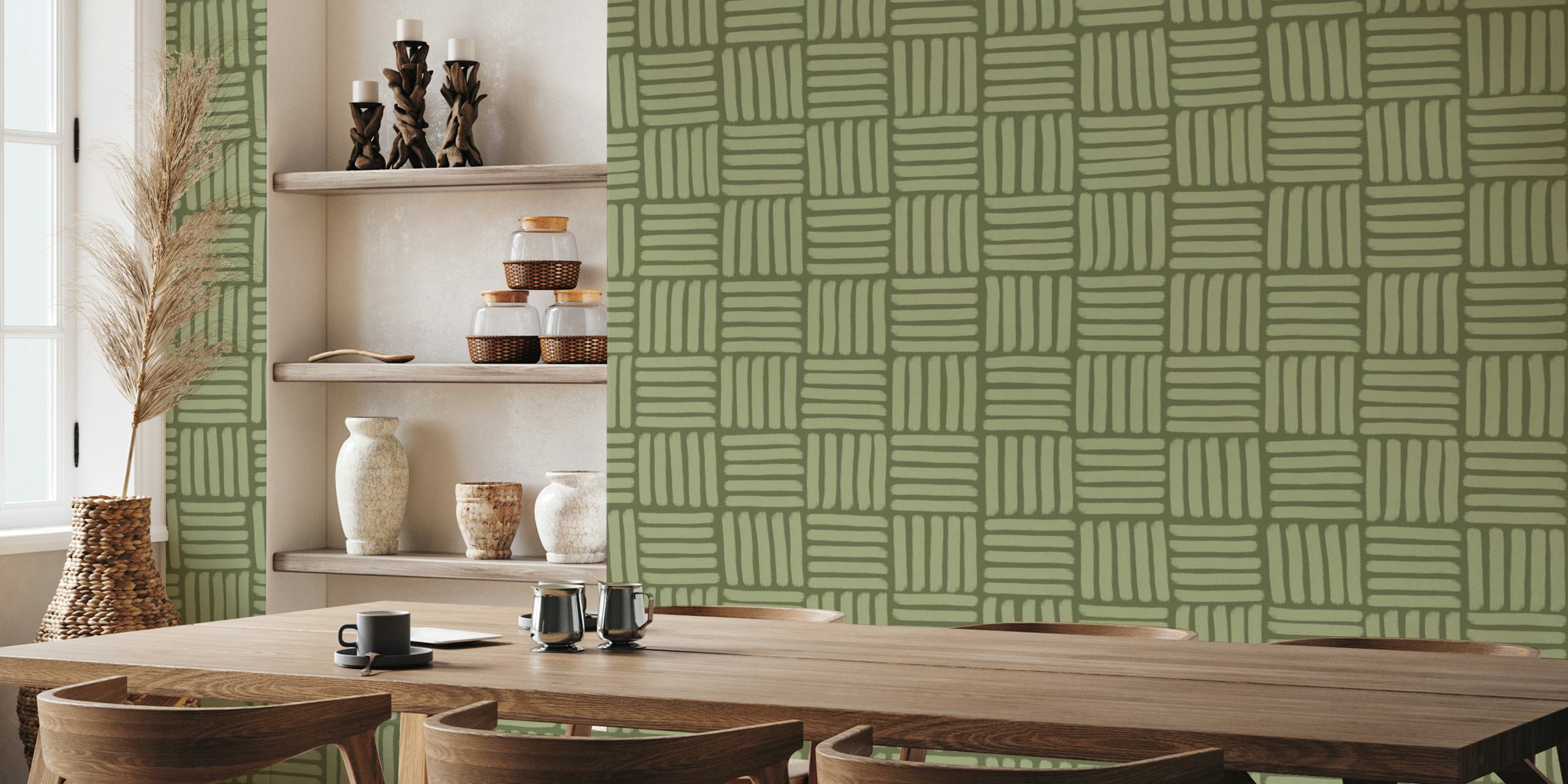 Basketweave pattern in light green and moss green wallpaper