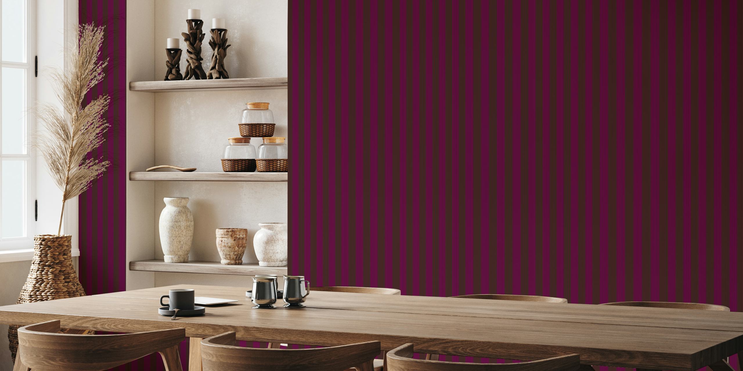 Vertical striped wall mural in magenta and brown for home decor