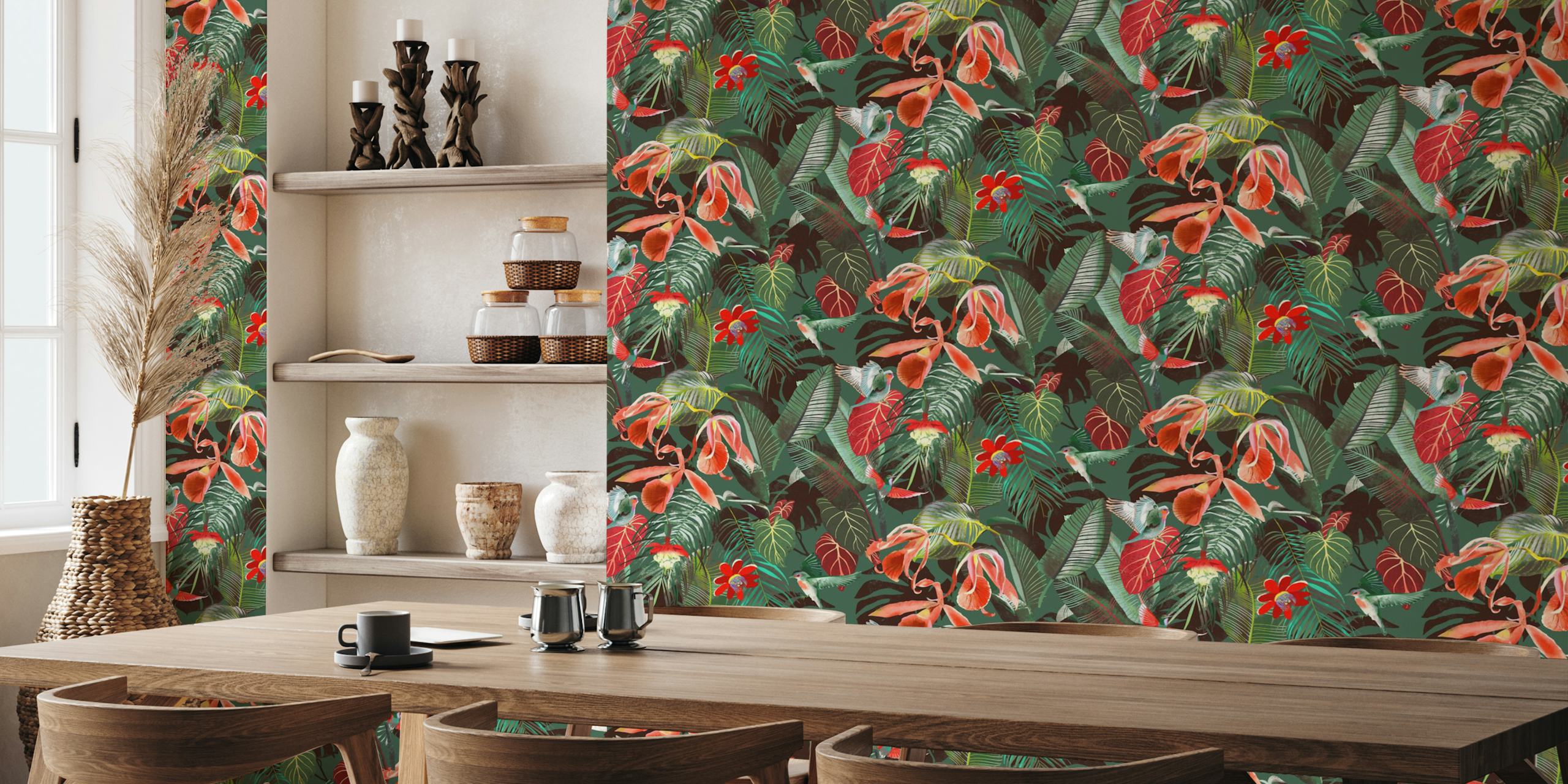 Ταπετσαρία Dark jungle με hummingbirds και fronds