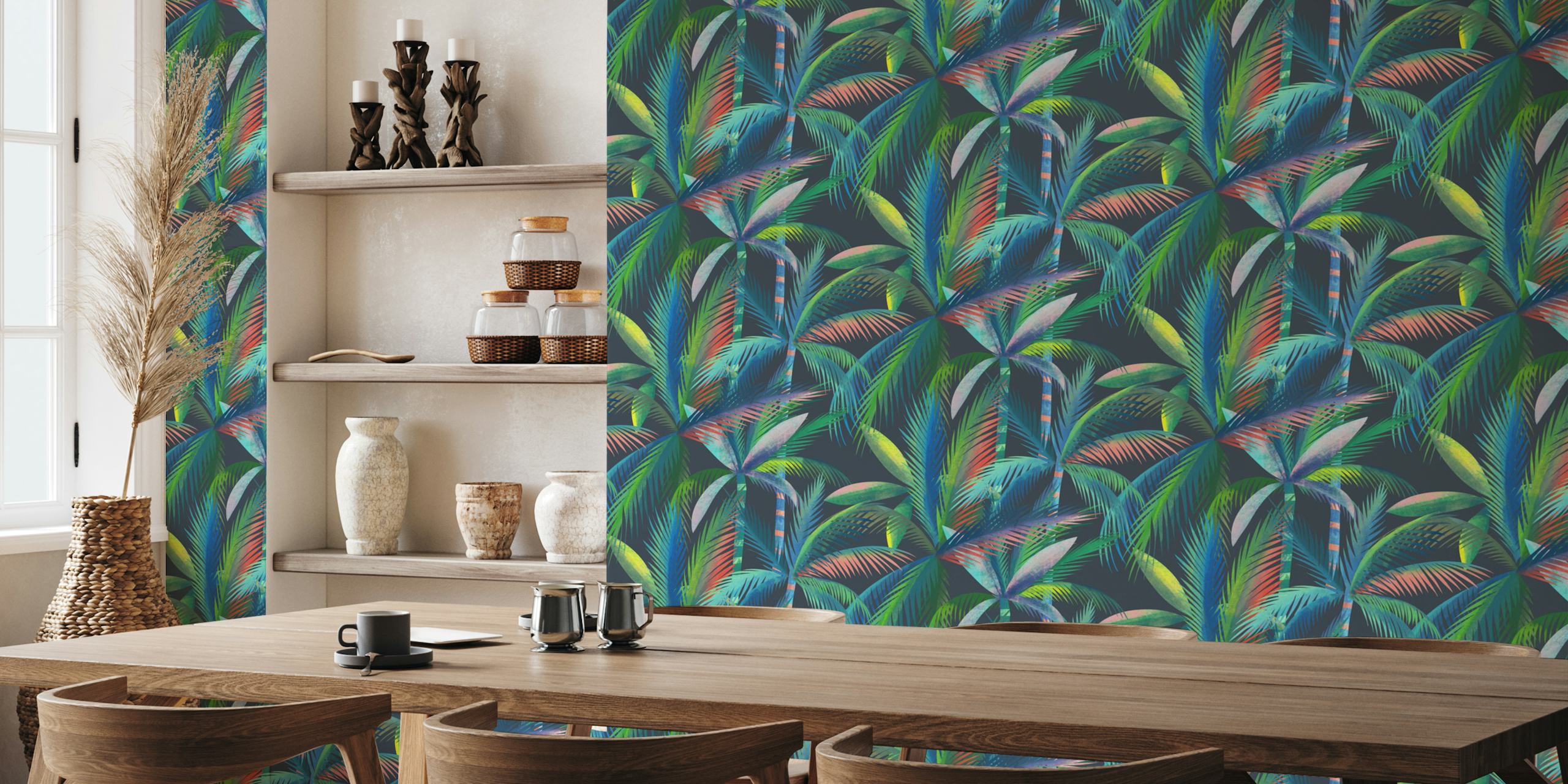 Lush jungle palm trees wallpaper in a room