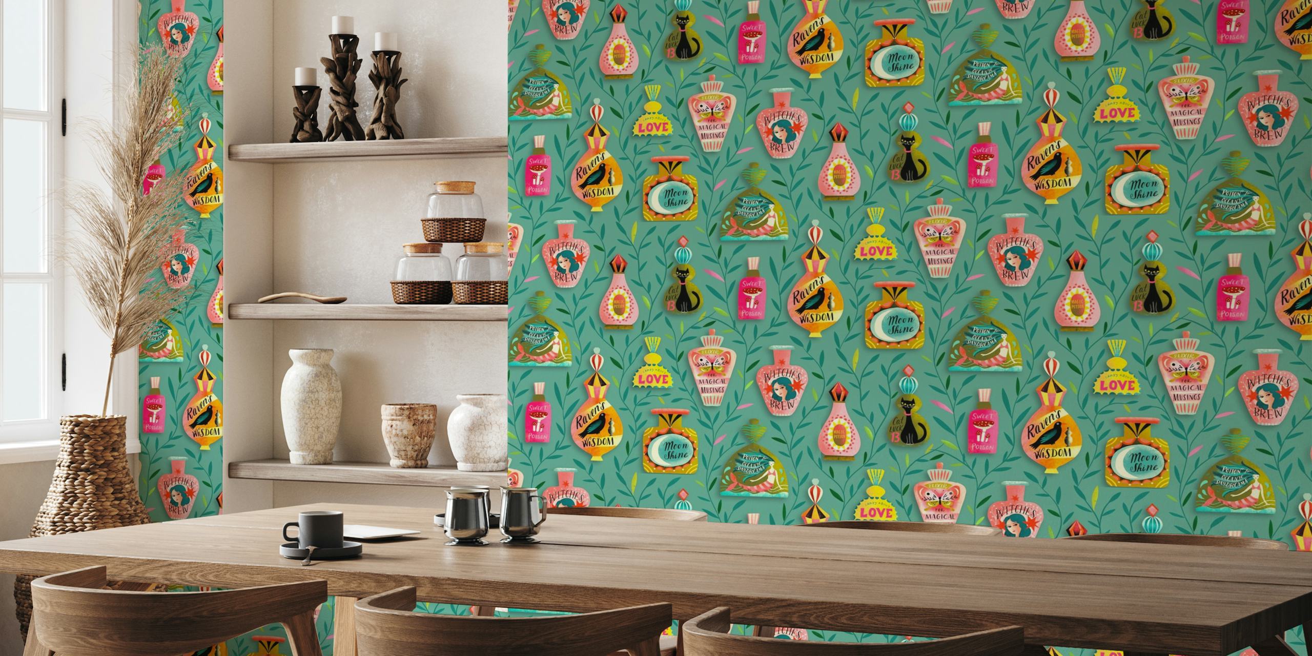 Enchanted brews leafy turquoise wallpaper