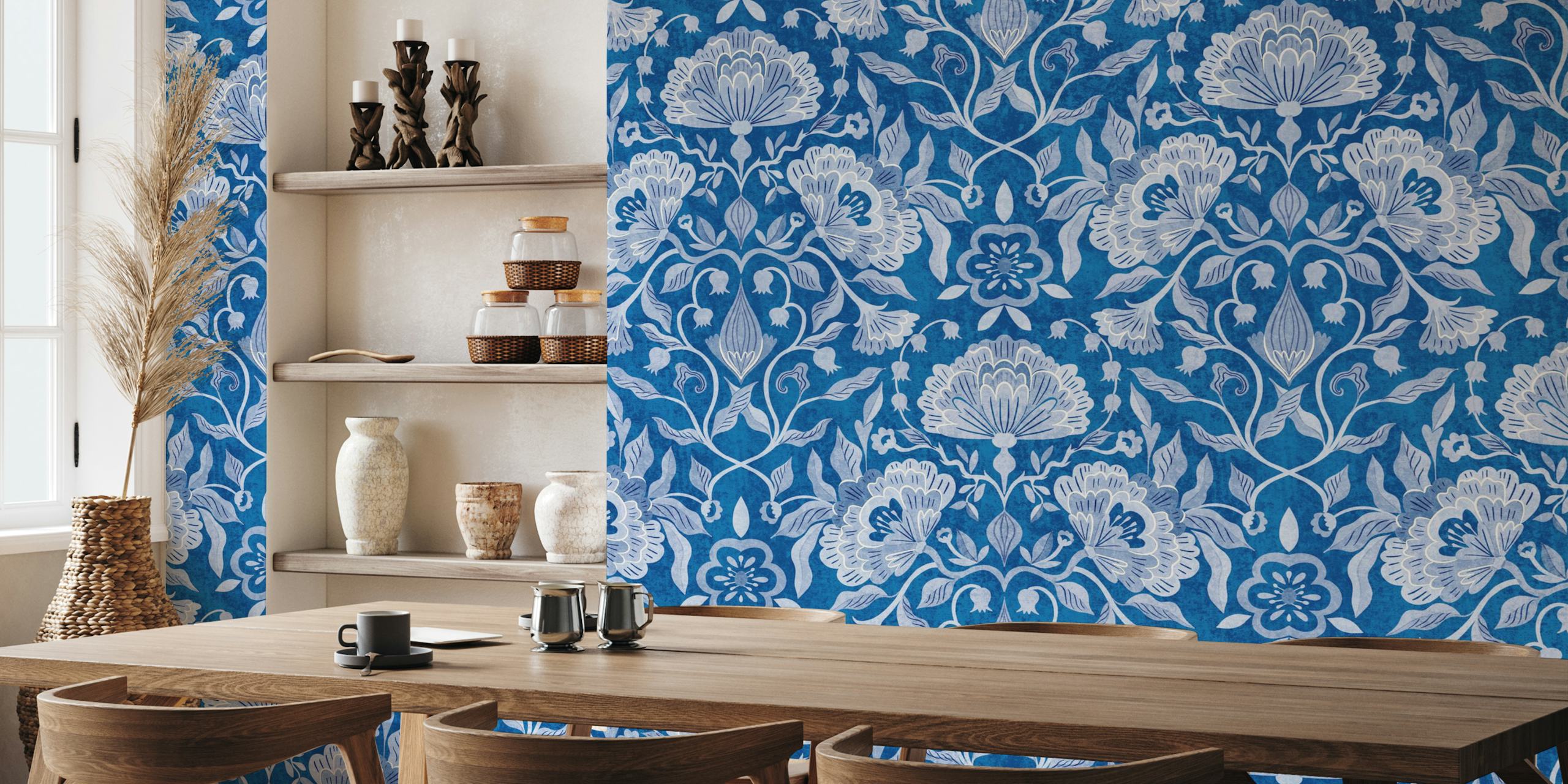 Peonies damask floral papier peint en bleu et blanc