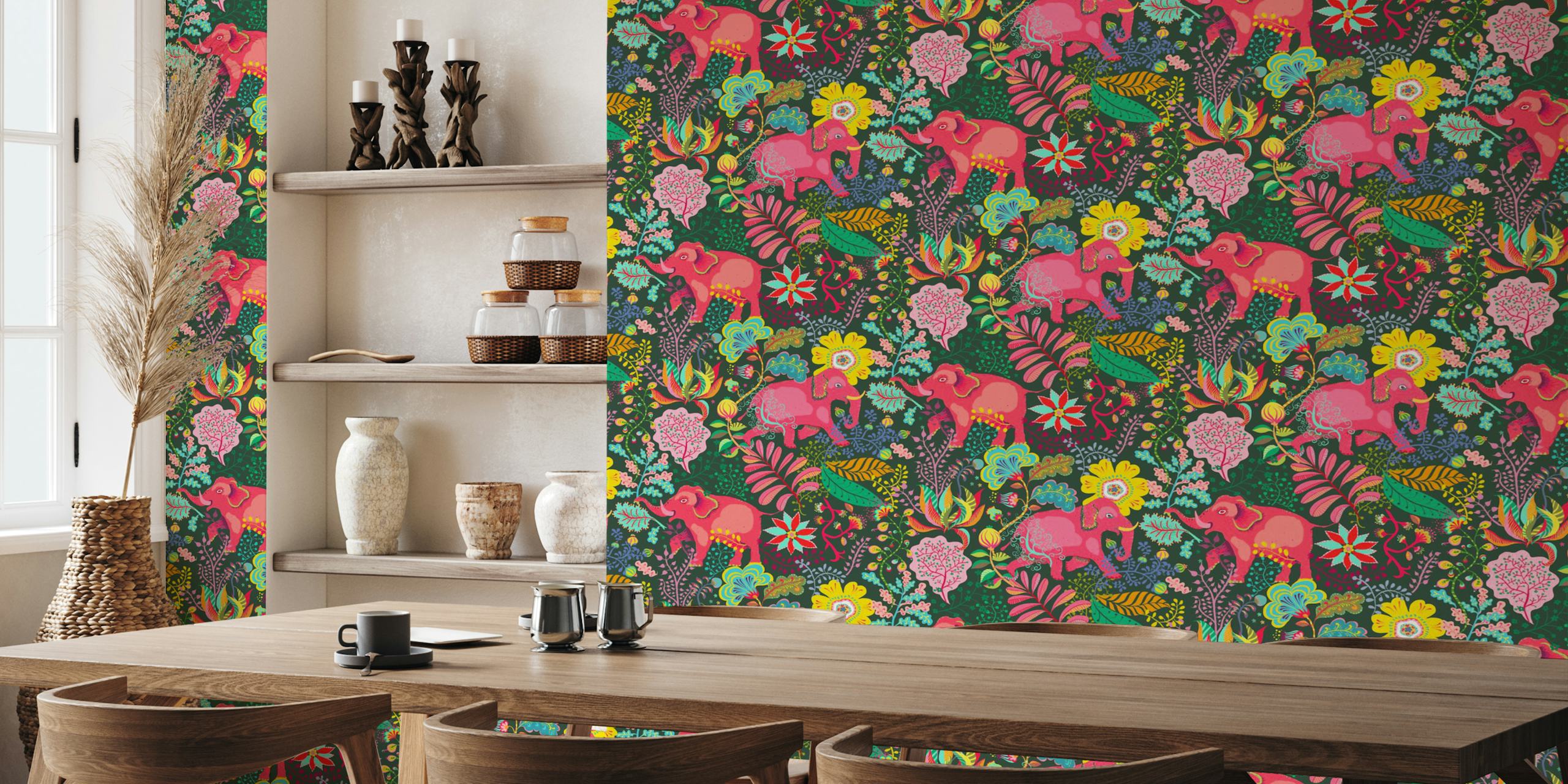 Pink elephants with lush tropical flowers and leaves wallpaper