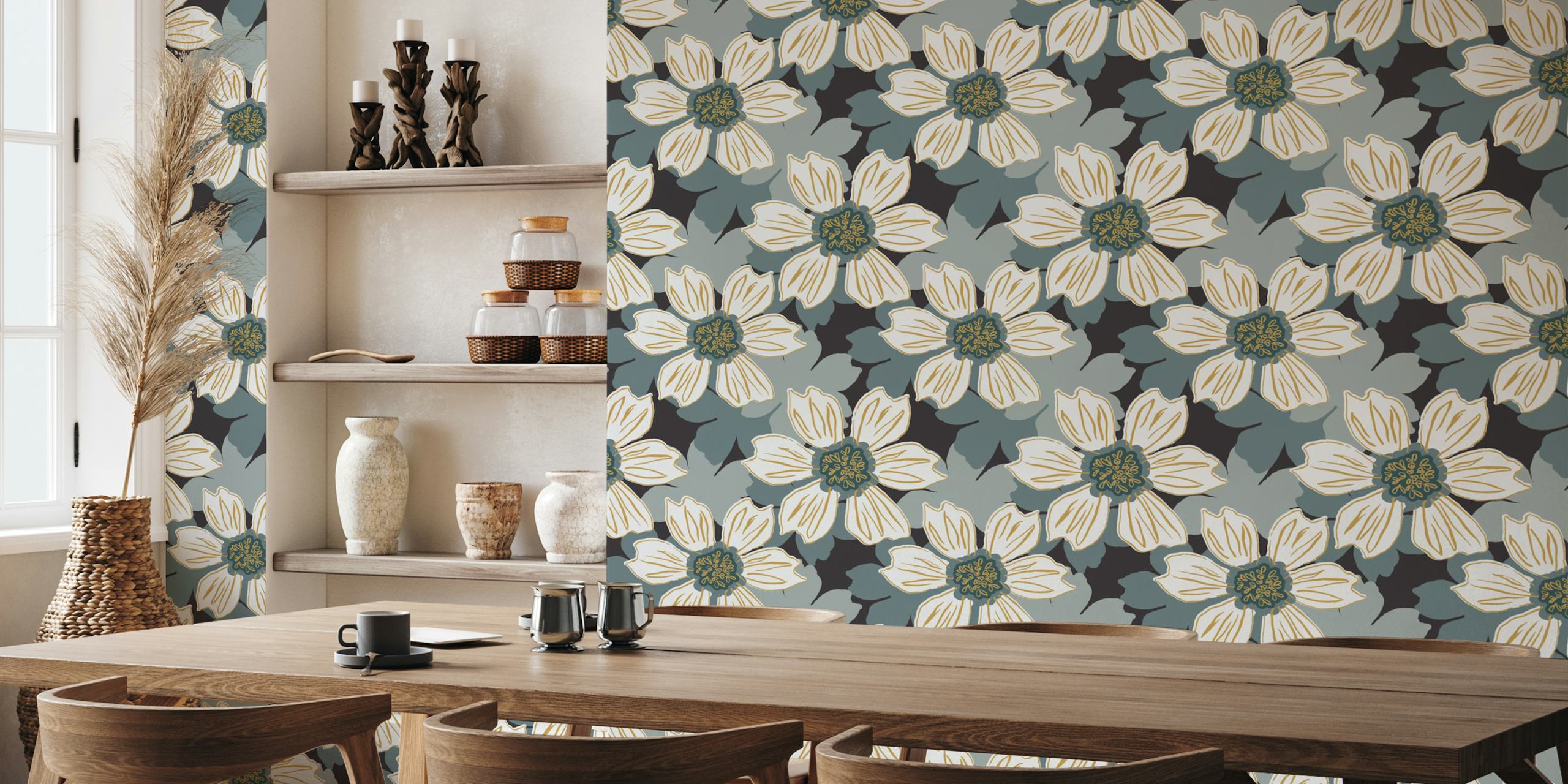 Gray and white floral wallpaper with large blooms and abstract leaves