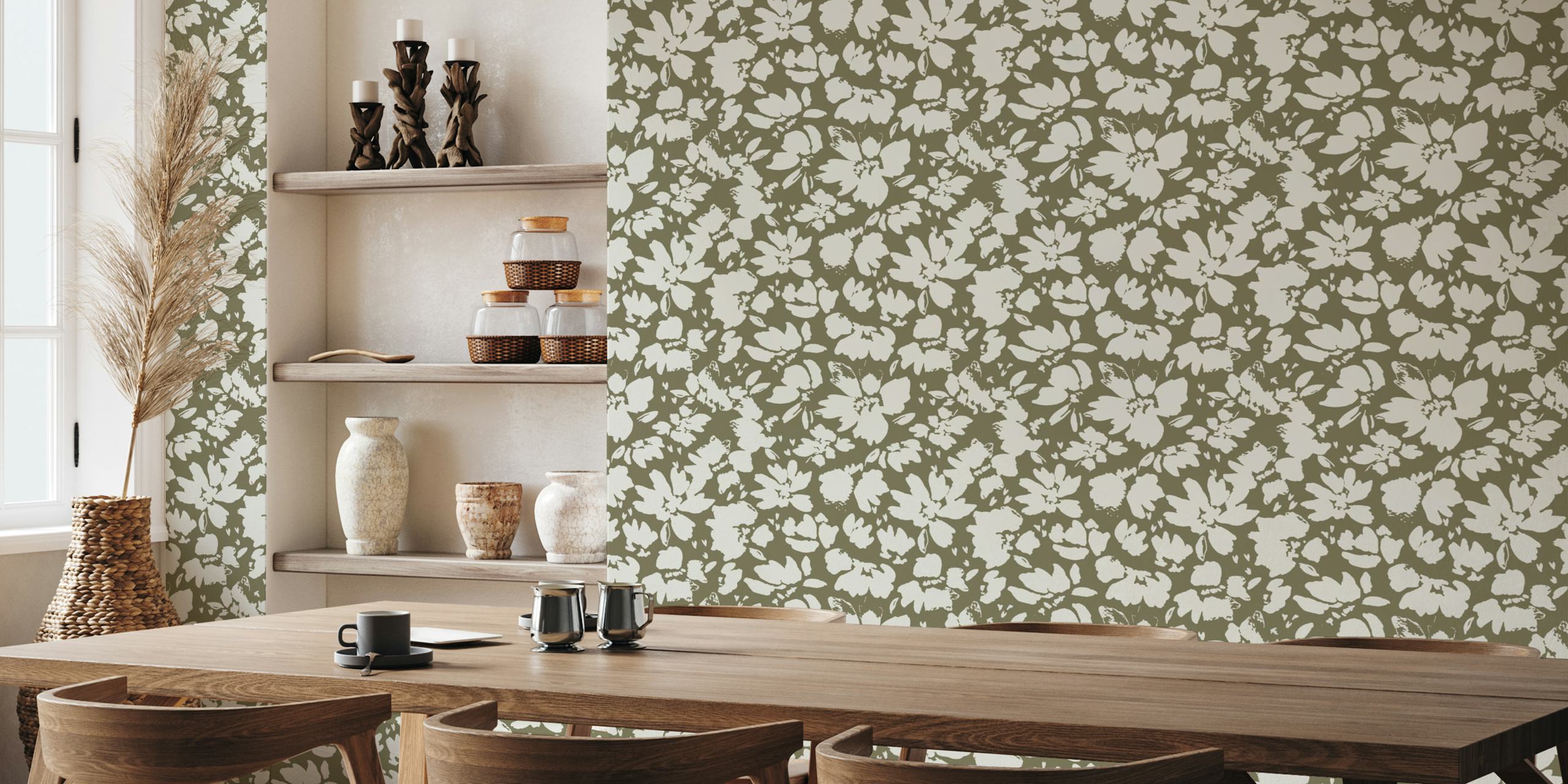 Green floral pattern in soft tones wallpaper