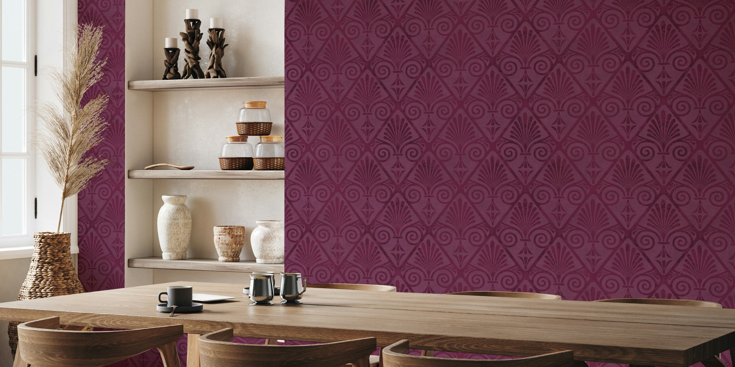 Art Deco Opulence Reverie wall mural in burgundy and crimson tones with geometric patterns