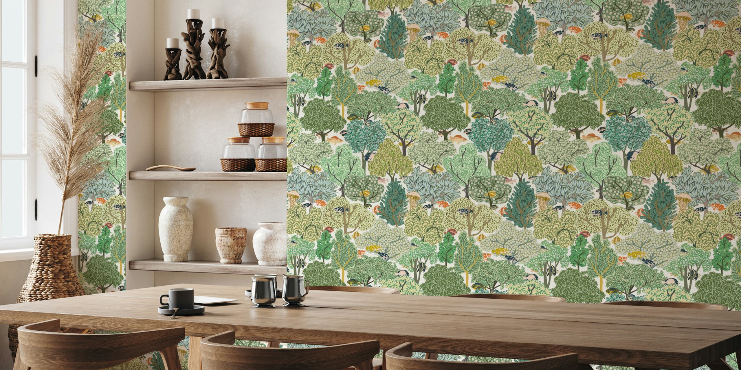 Various green trees and foliage in a patterned design wallpaper
