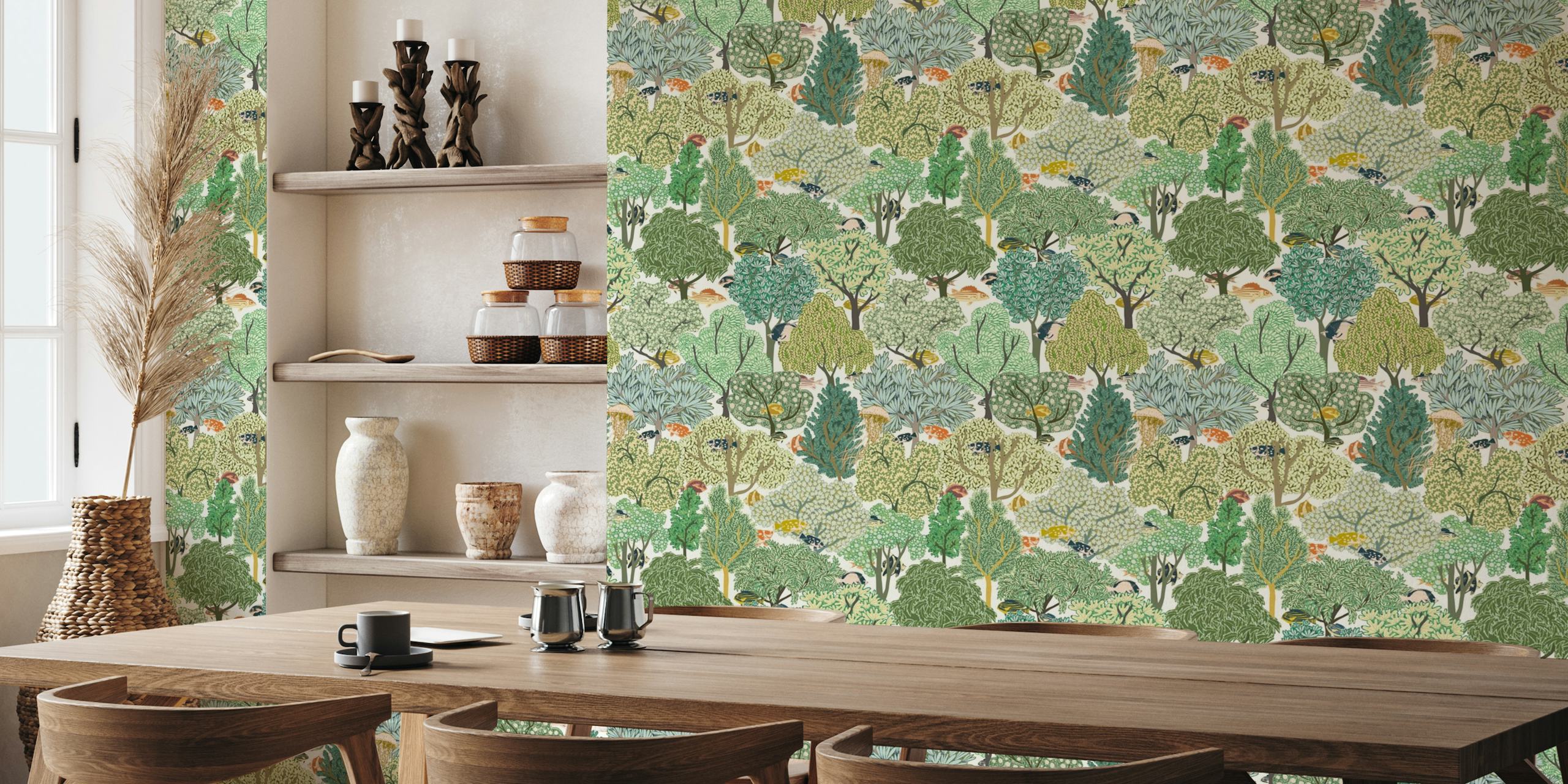 Illustrated woodland wall mural with rich greenery and hidden animals