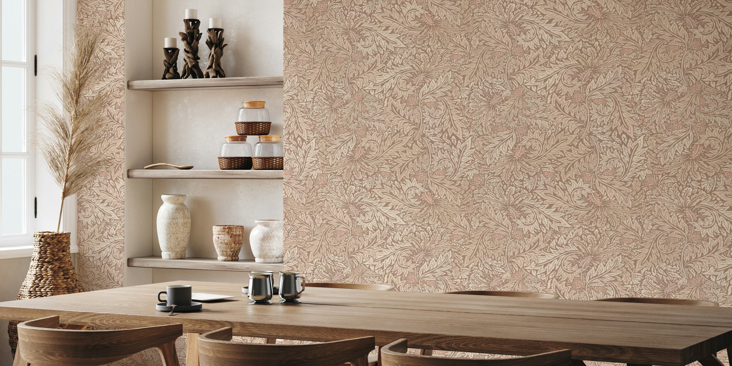 Intricate beige floral pattern with larkspur foliage wallpaper