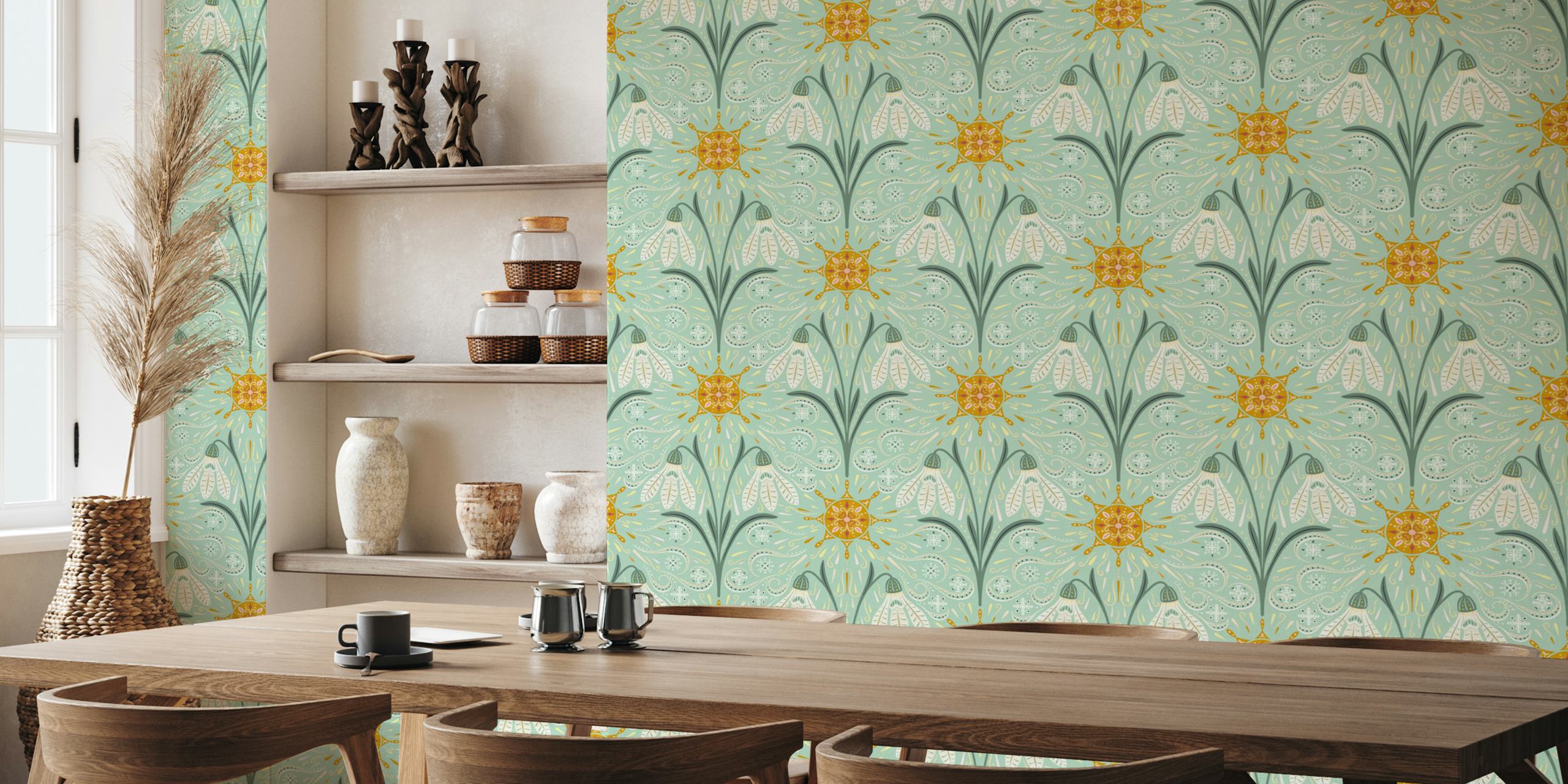 Floral design featuring sun motifs in aqua and gold wallpaper