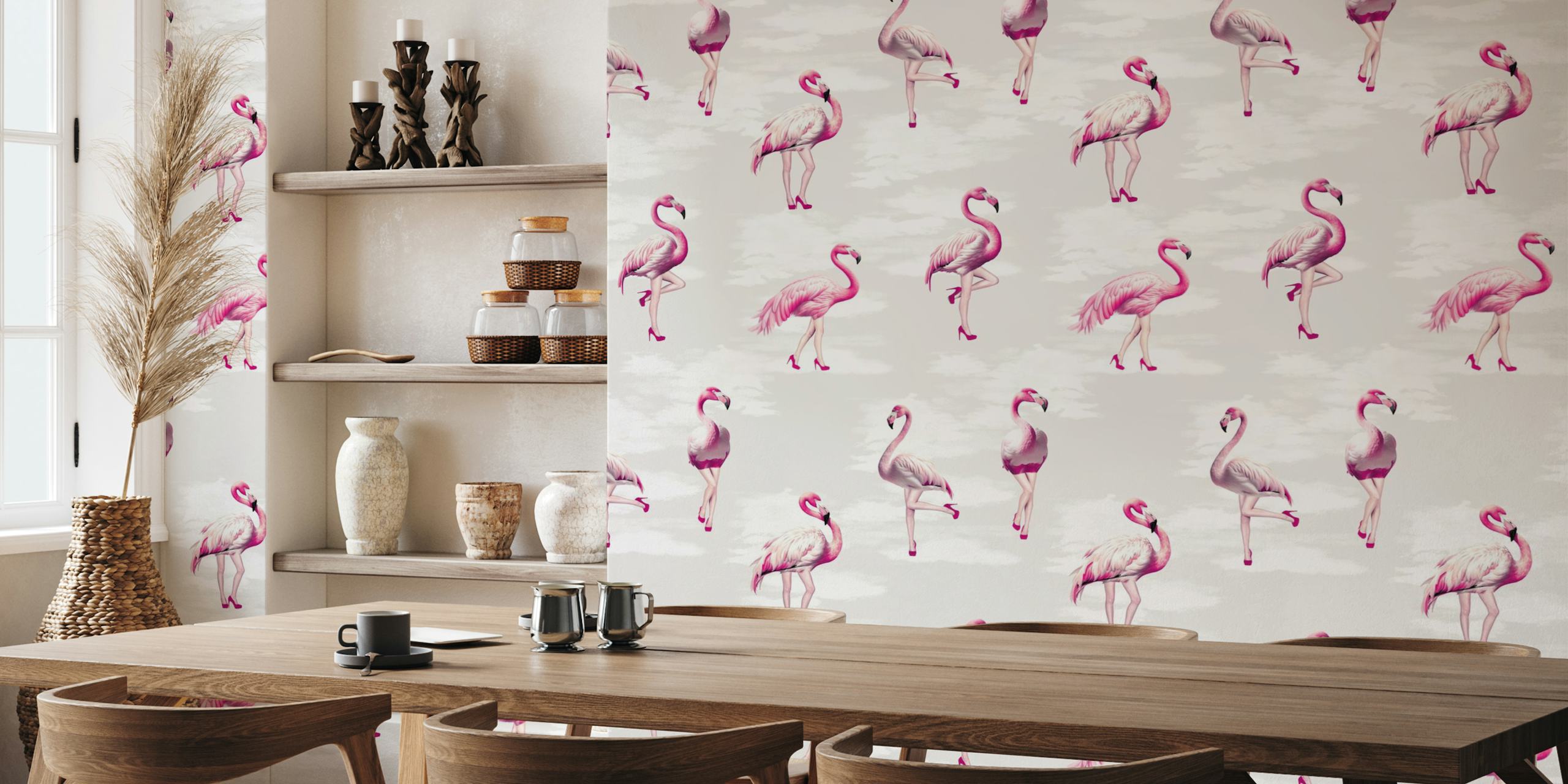 Flamingo illustrations in pink and magenta on grey wallpaper