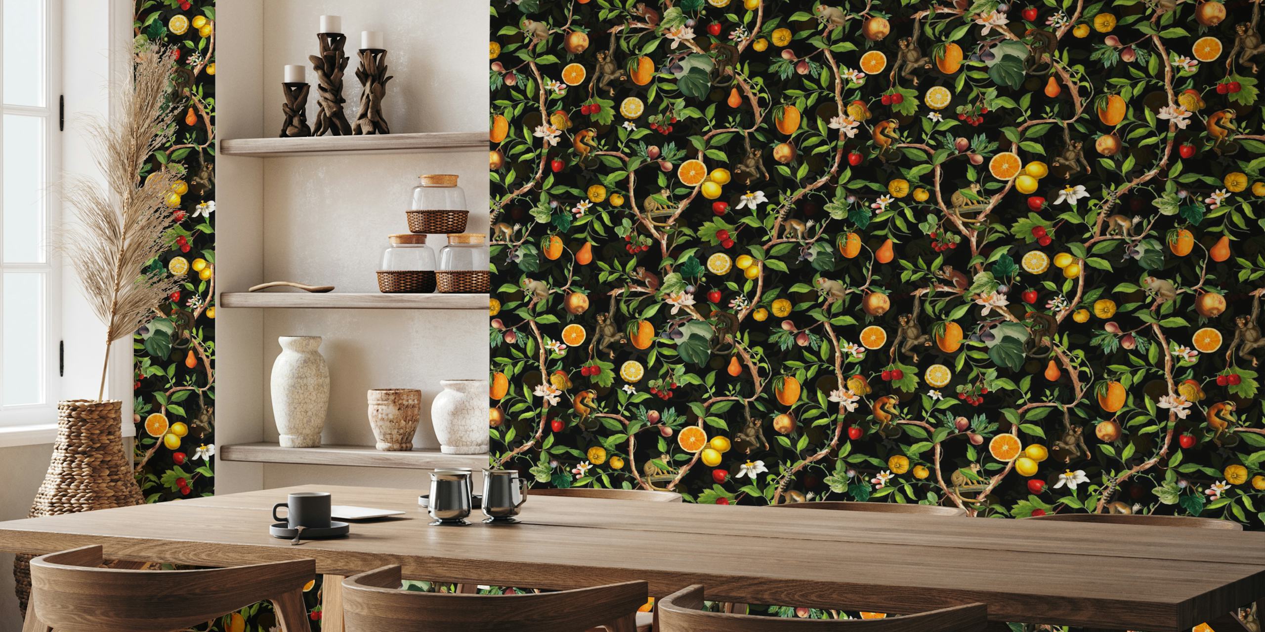 Singes, fruits et fleurs colorées sur fond noir wallpaper