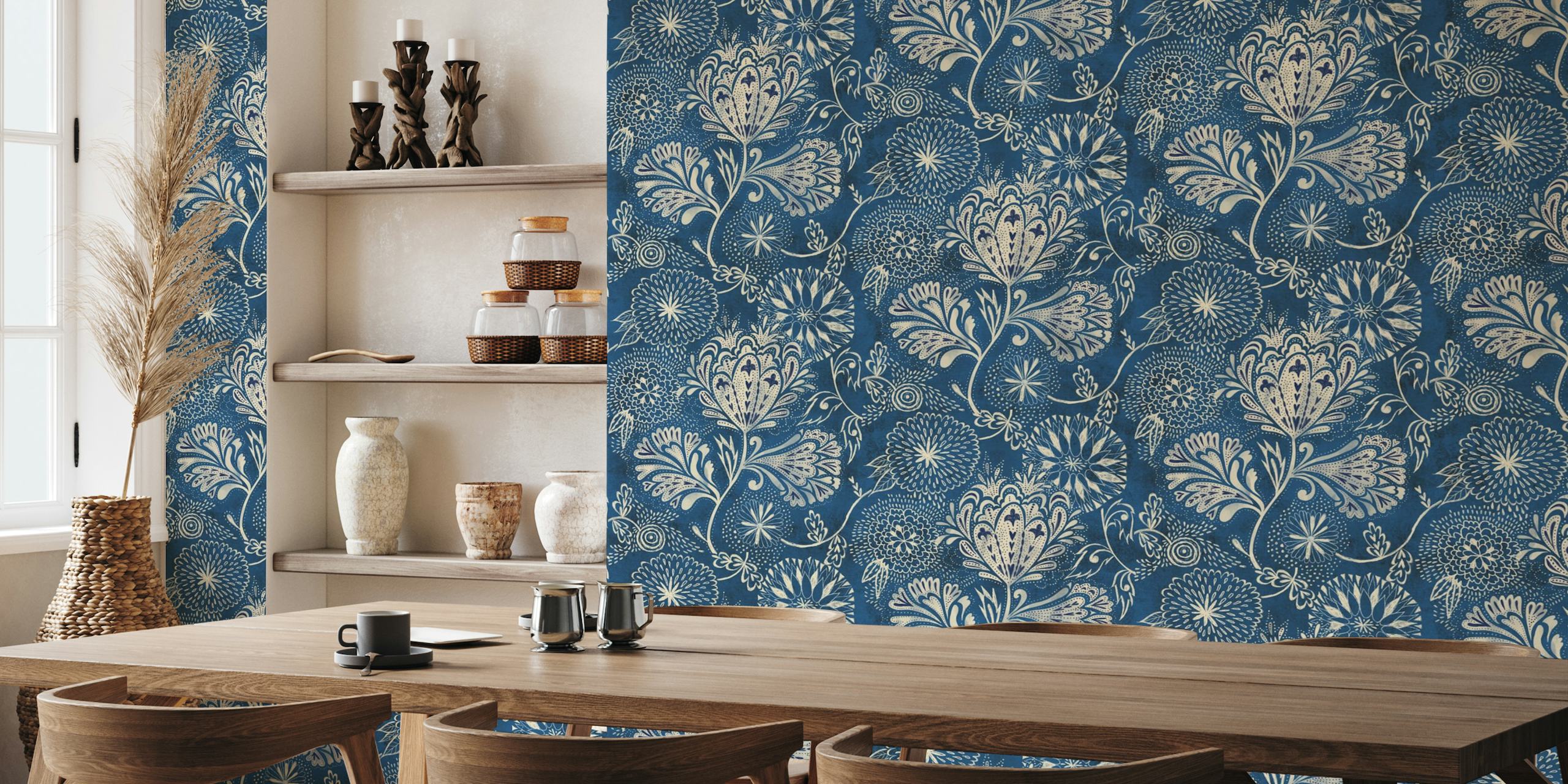 Indigo blue shibori floral wallpaper
