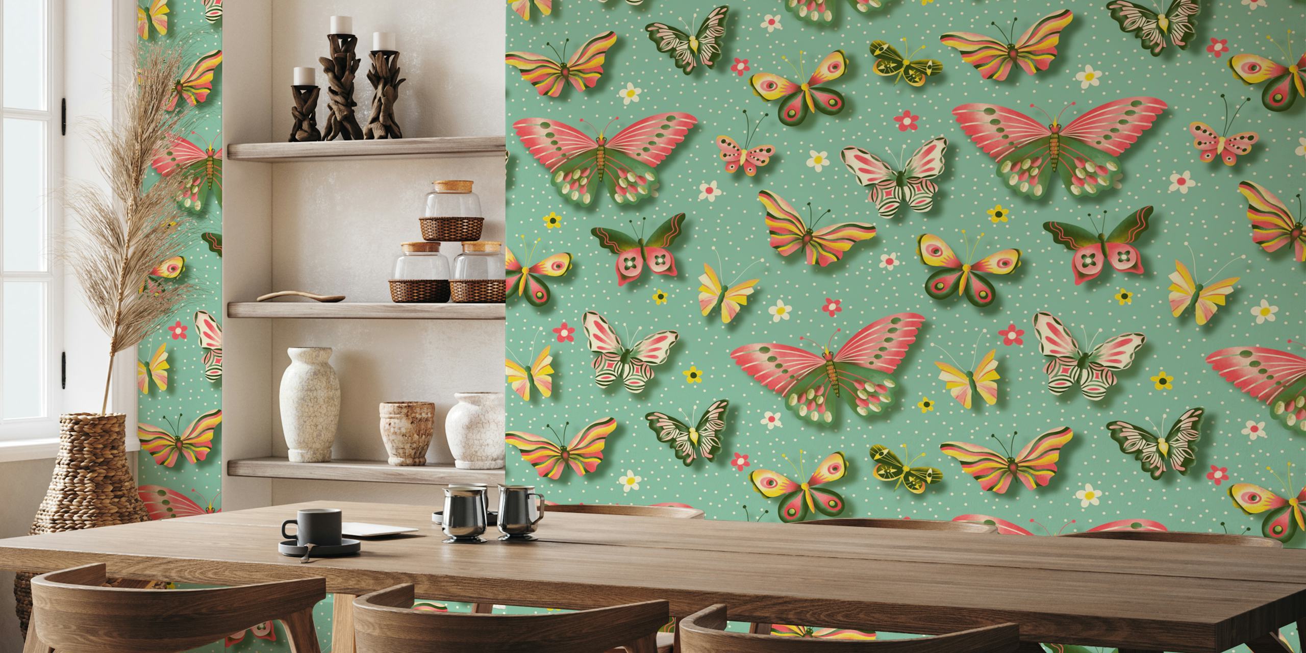 Colorful butterflies on turquoise wallpaper