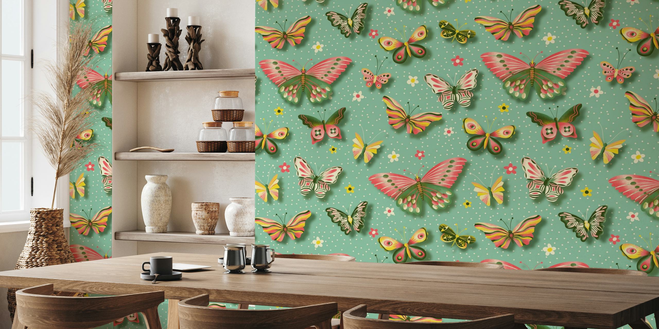 Beautiful butterflies on turquoise wallpaper