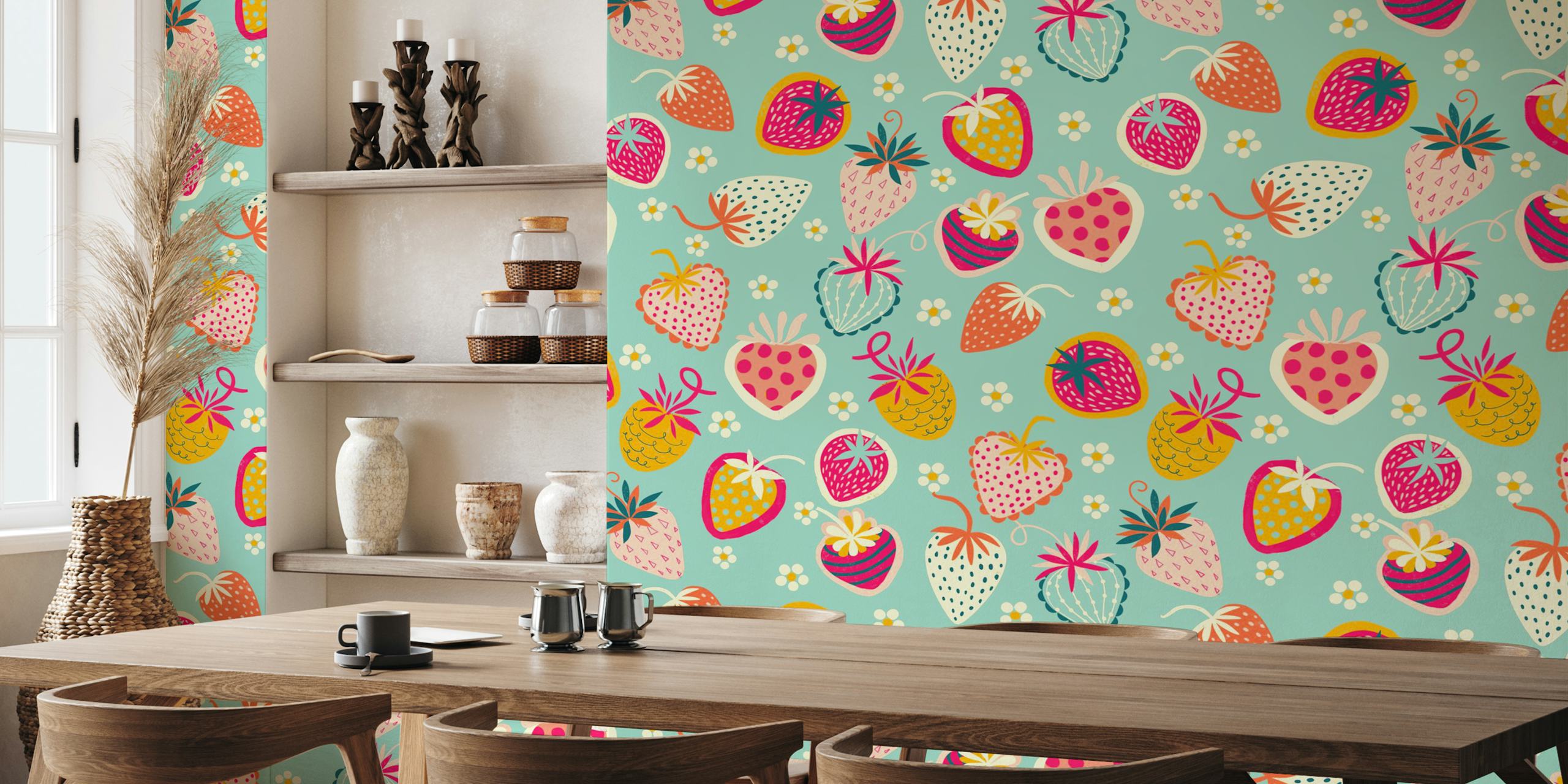 Colorful strawberries on light blue background wallpaper