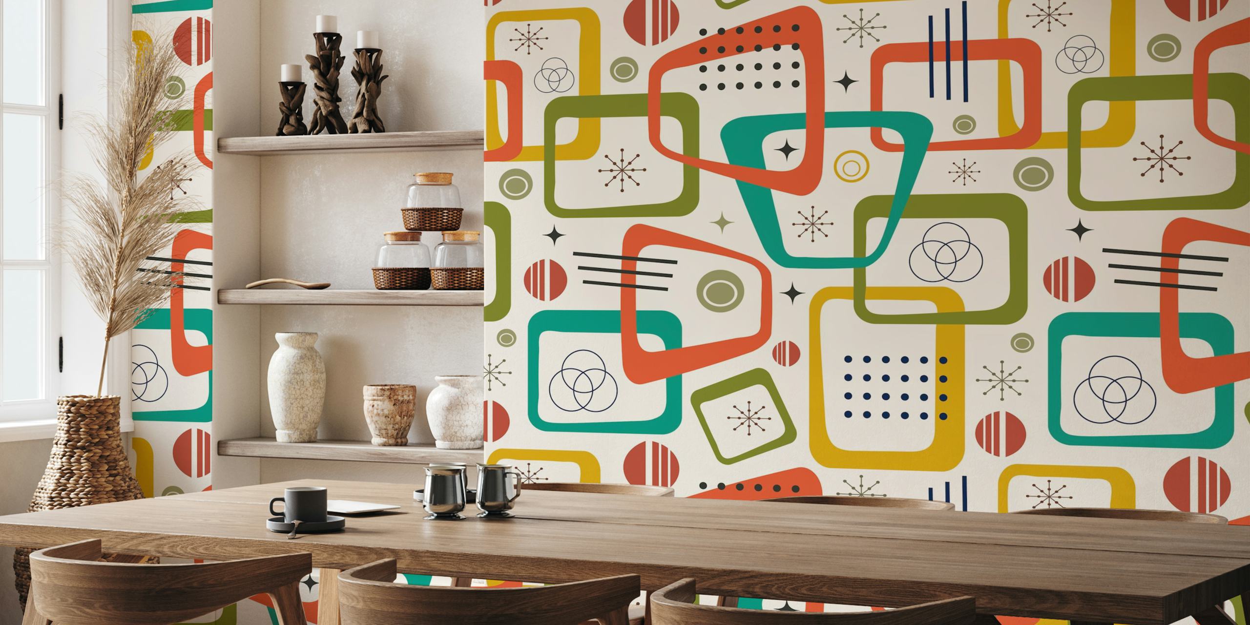 Mid Century Modern geometric wallpaper with colorful shapes