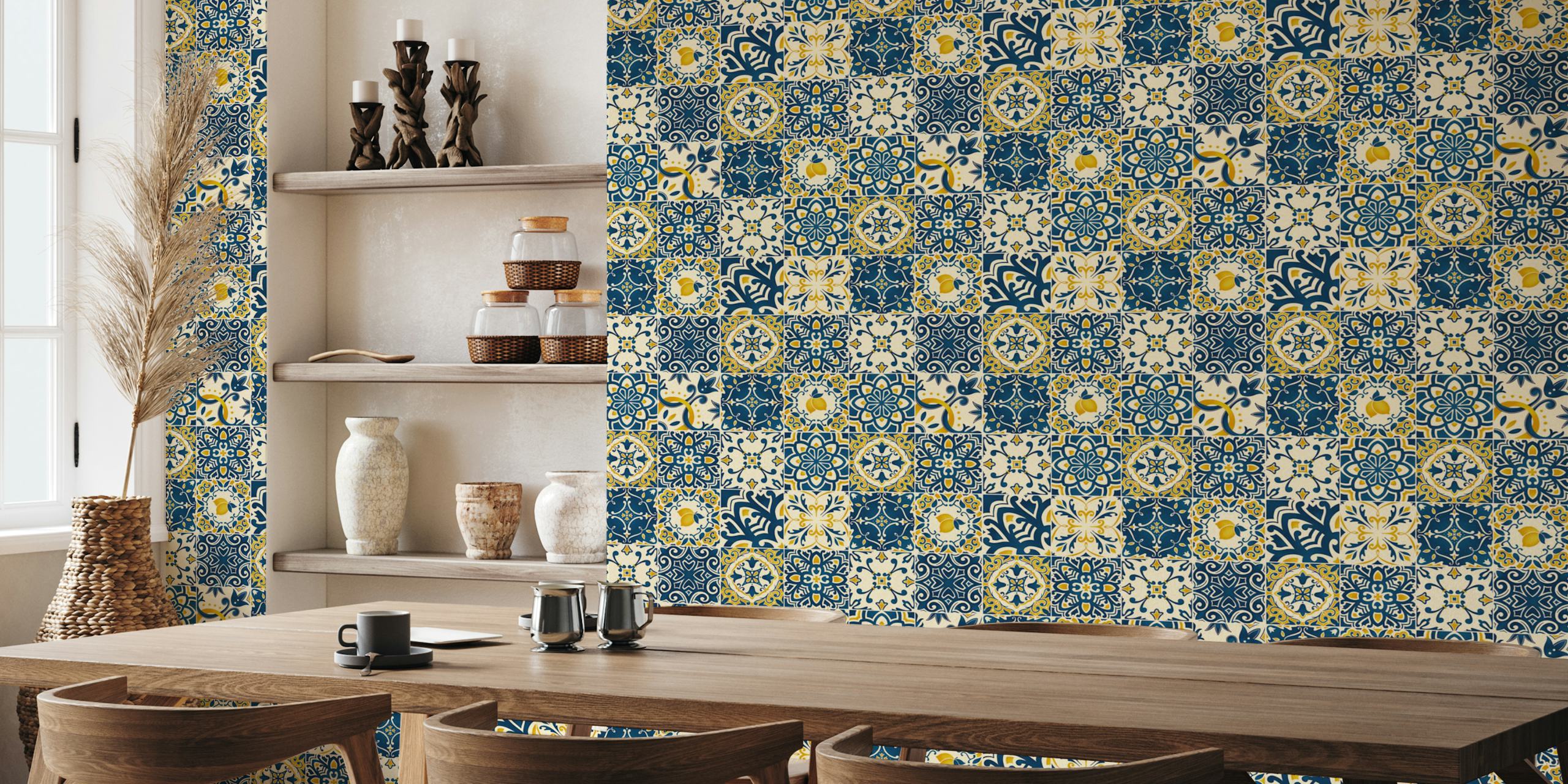 Mediterranean tile pattern in blue and yellow colors wallpaper