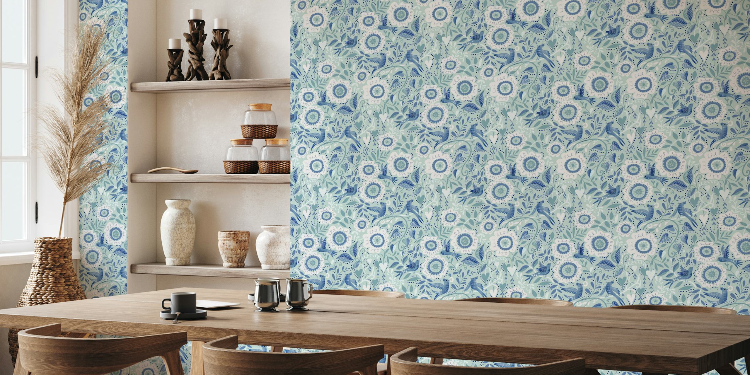 Blue birds and white flowers on mint background wallpaper