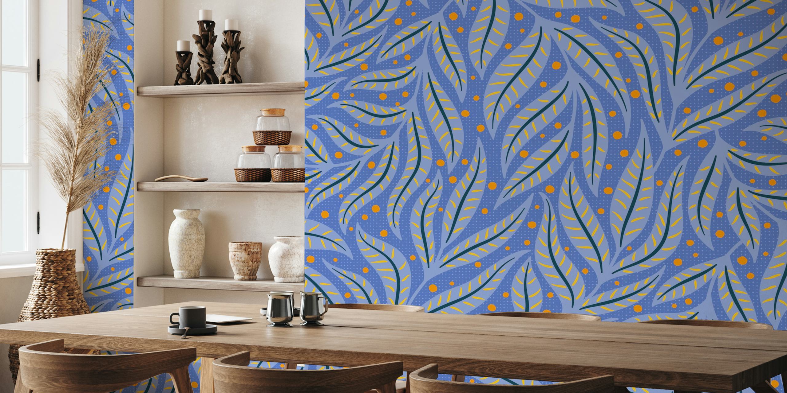 Cobalt blue og orange leaf wallpaper i et rom
