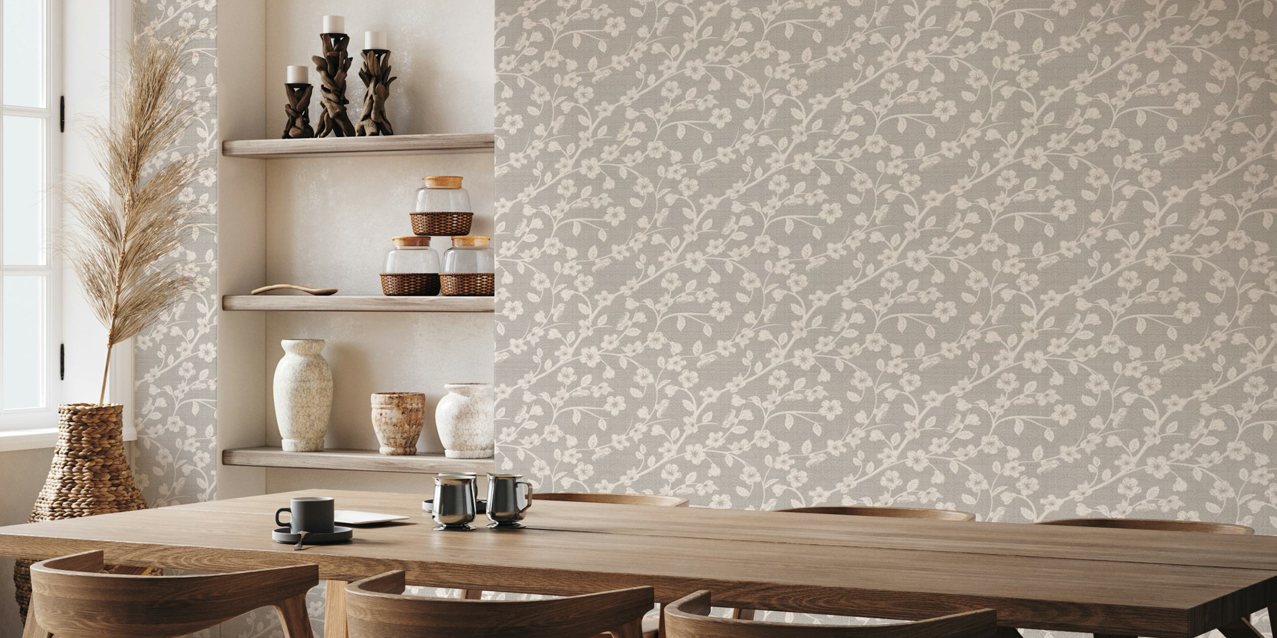 Carta da parati Cherry blossoms grey in un ambiente