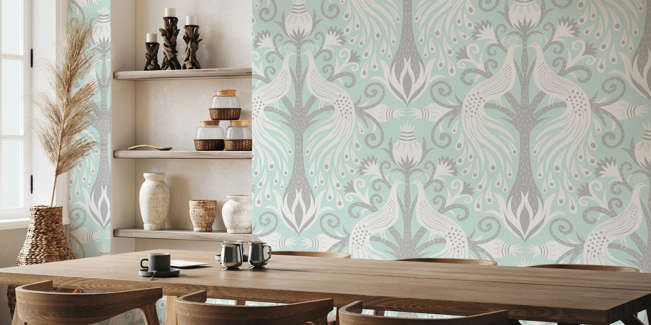 White peacock pair with damask patterns on a light blue background wall mural
