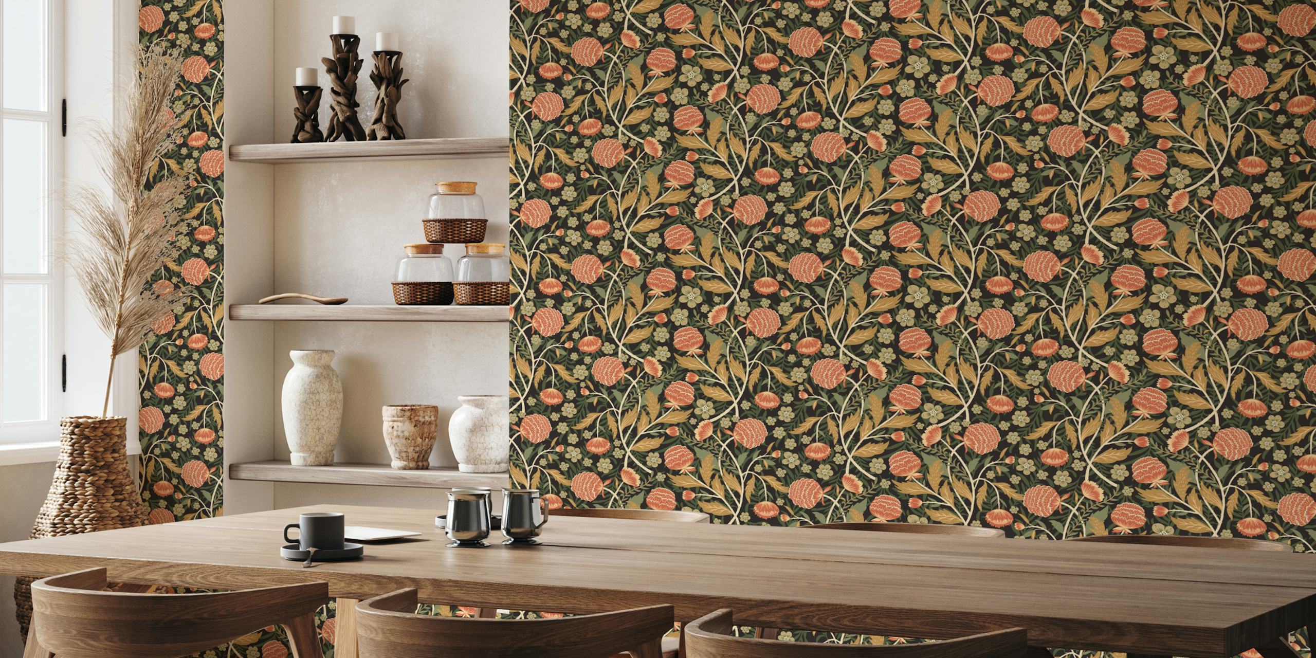 Classic William Garden floral pattern wall mural with green foliage and pink flowers.