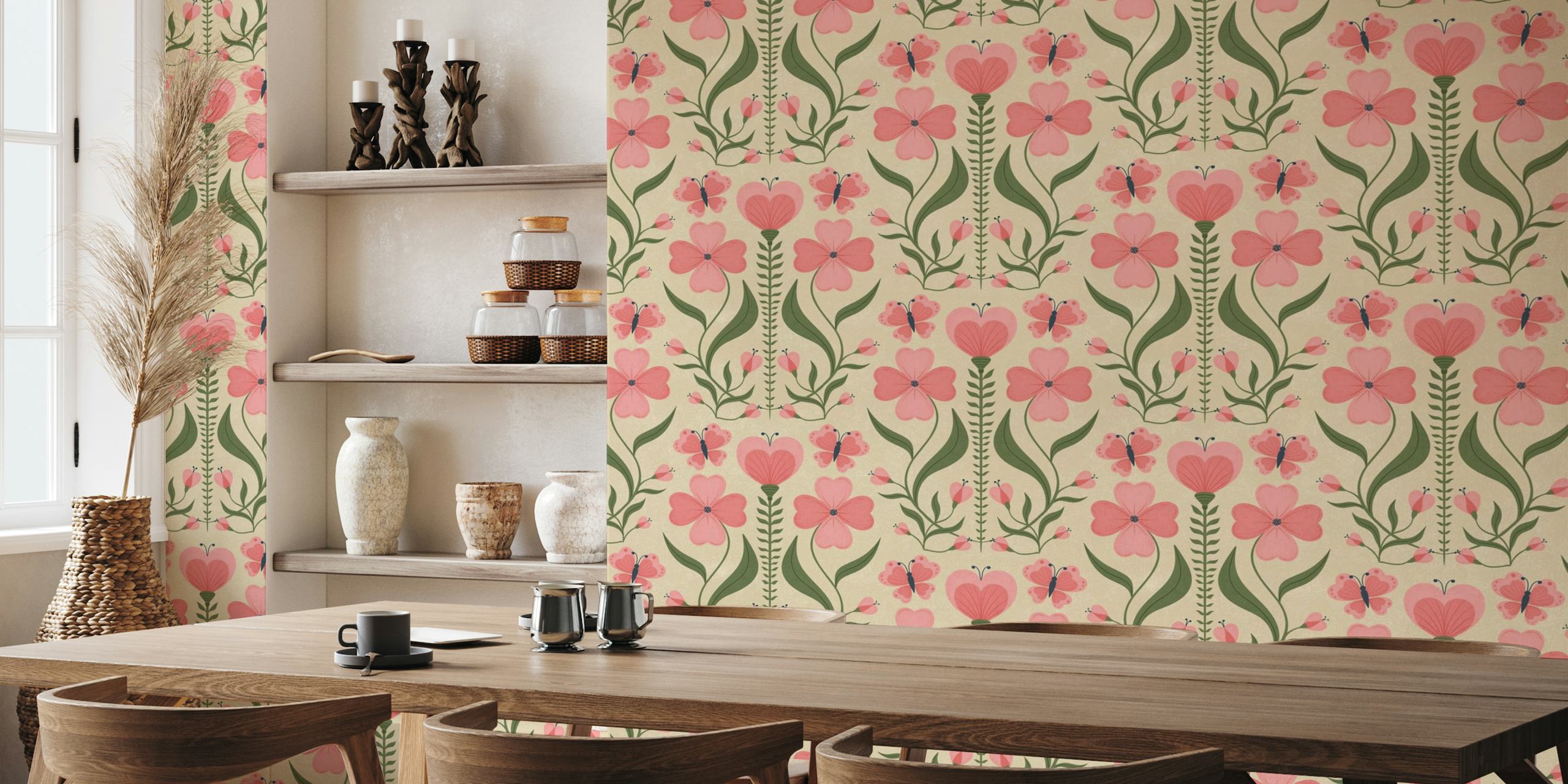 Vintage Pink Floral with Butterflies wallpaper