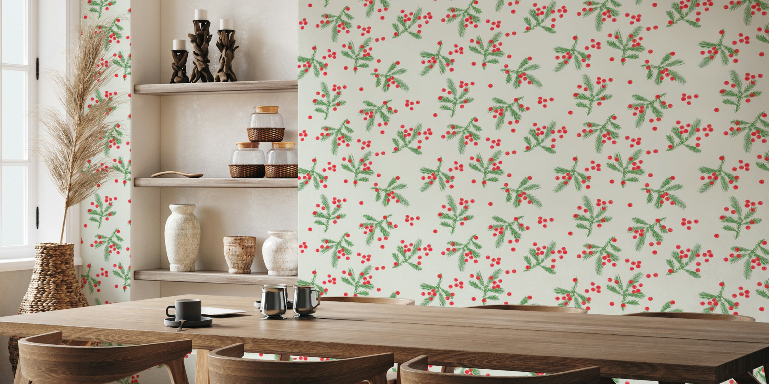 Christmas berries wall mural with evergreen sprigs and red berries on a white background