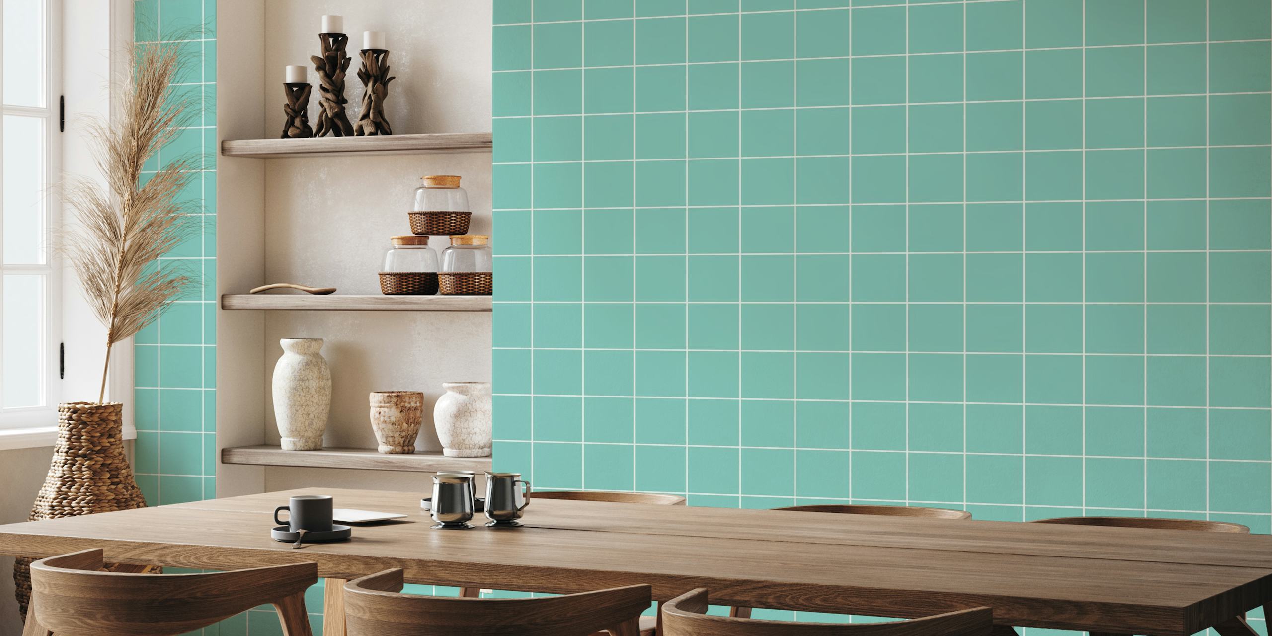 Turquoise wall mural with white grid pattern