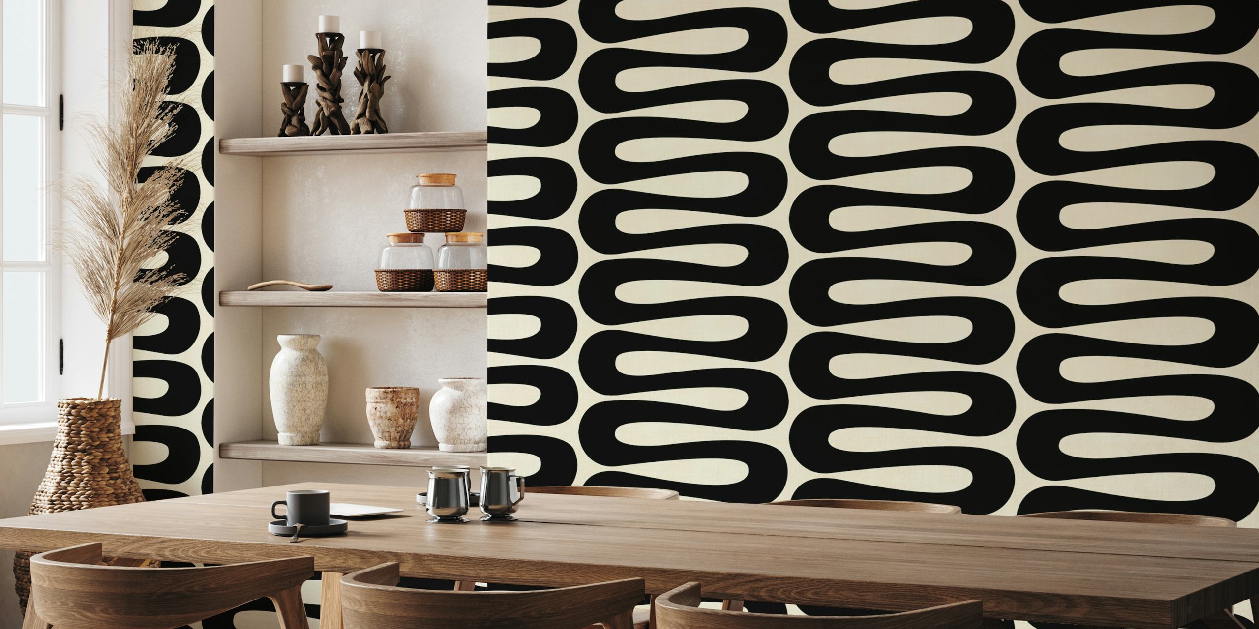 Abstract Curve Stripe Shape Black and Cream wallpaper