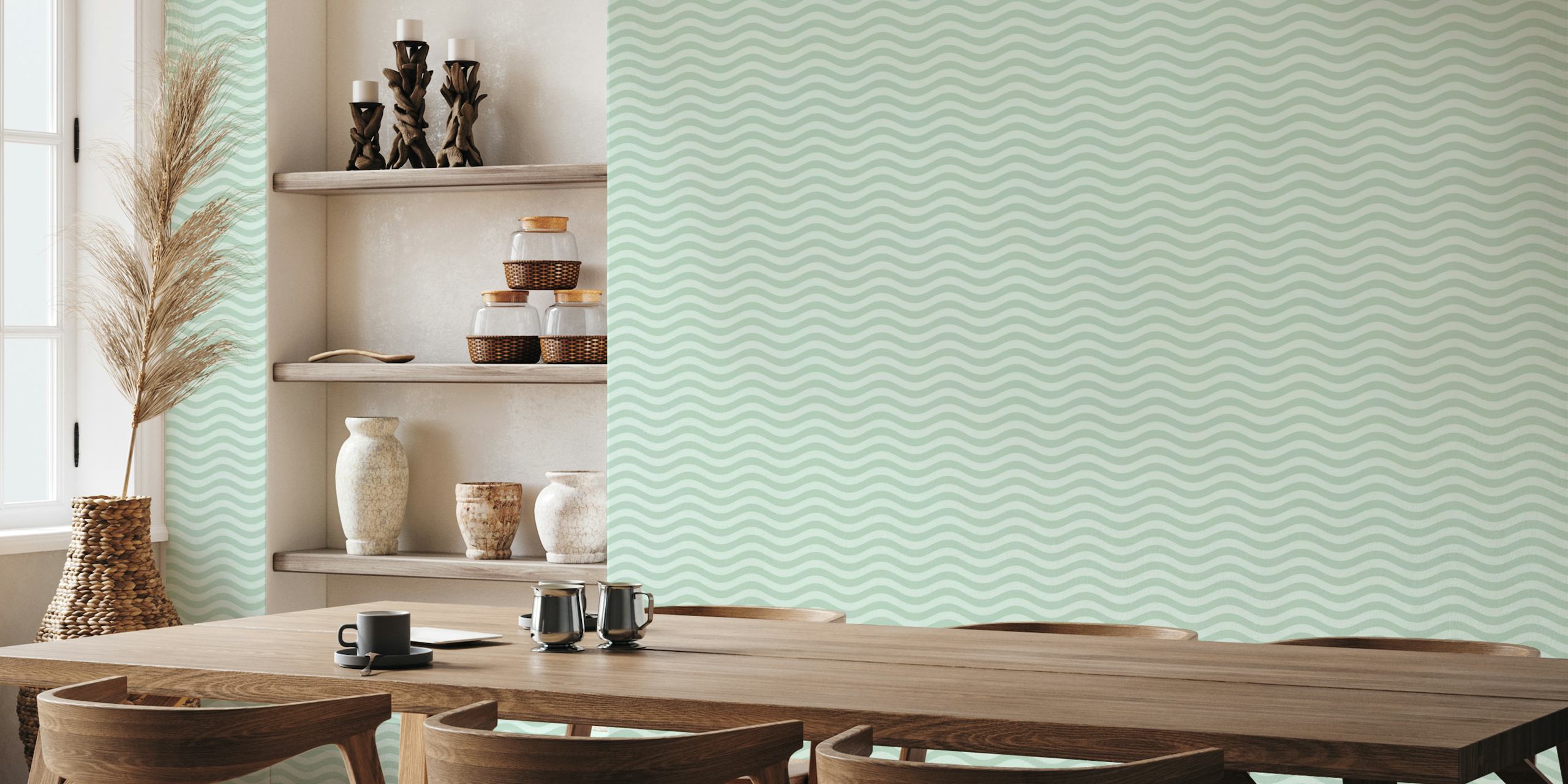 Curly green waves pattern wall mural for tranquil room decor