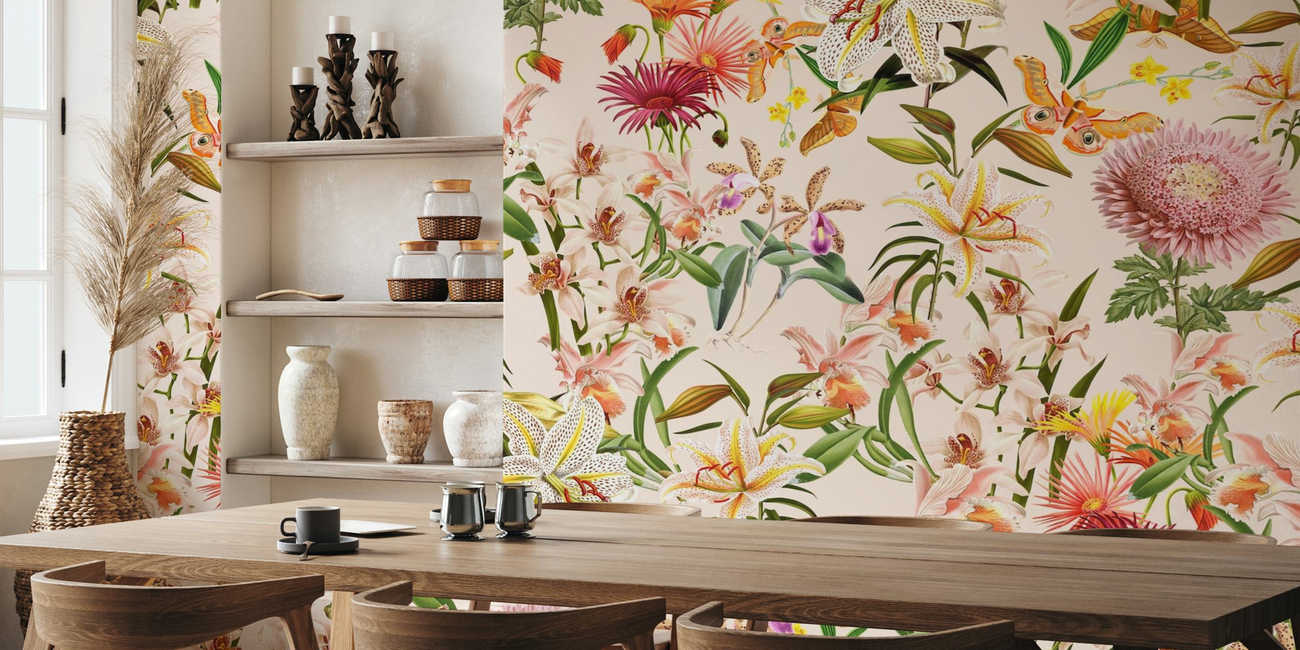 Floral design with various orchids and pink flowers on beige wallpaper