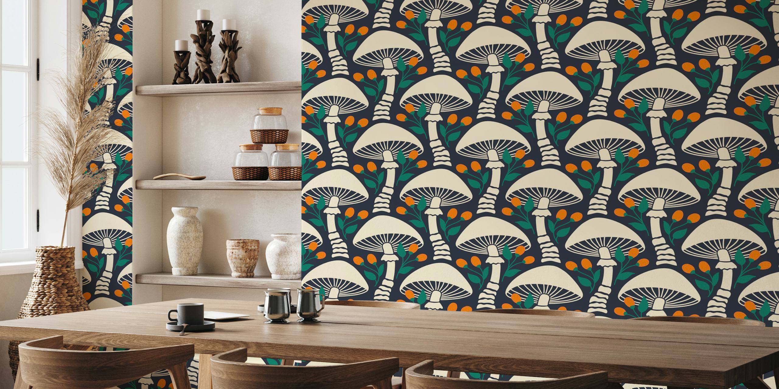 Illustrative orange mushrooms and berries wall mural on a navy background