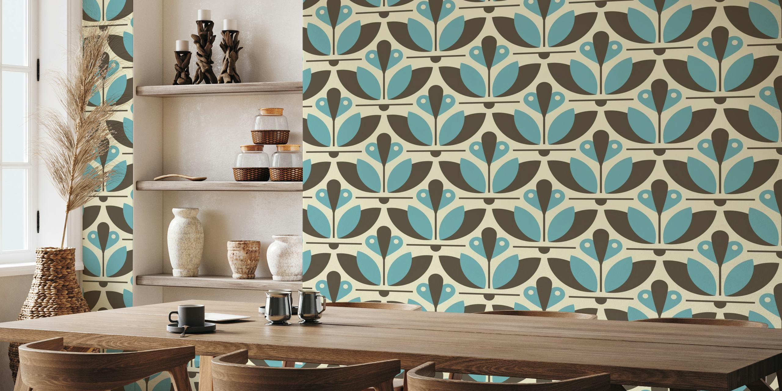 Stylized blue, grey, and white abstract floral pattern wall mural