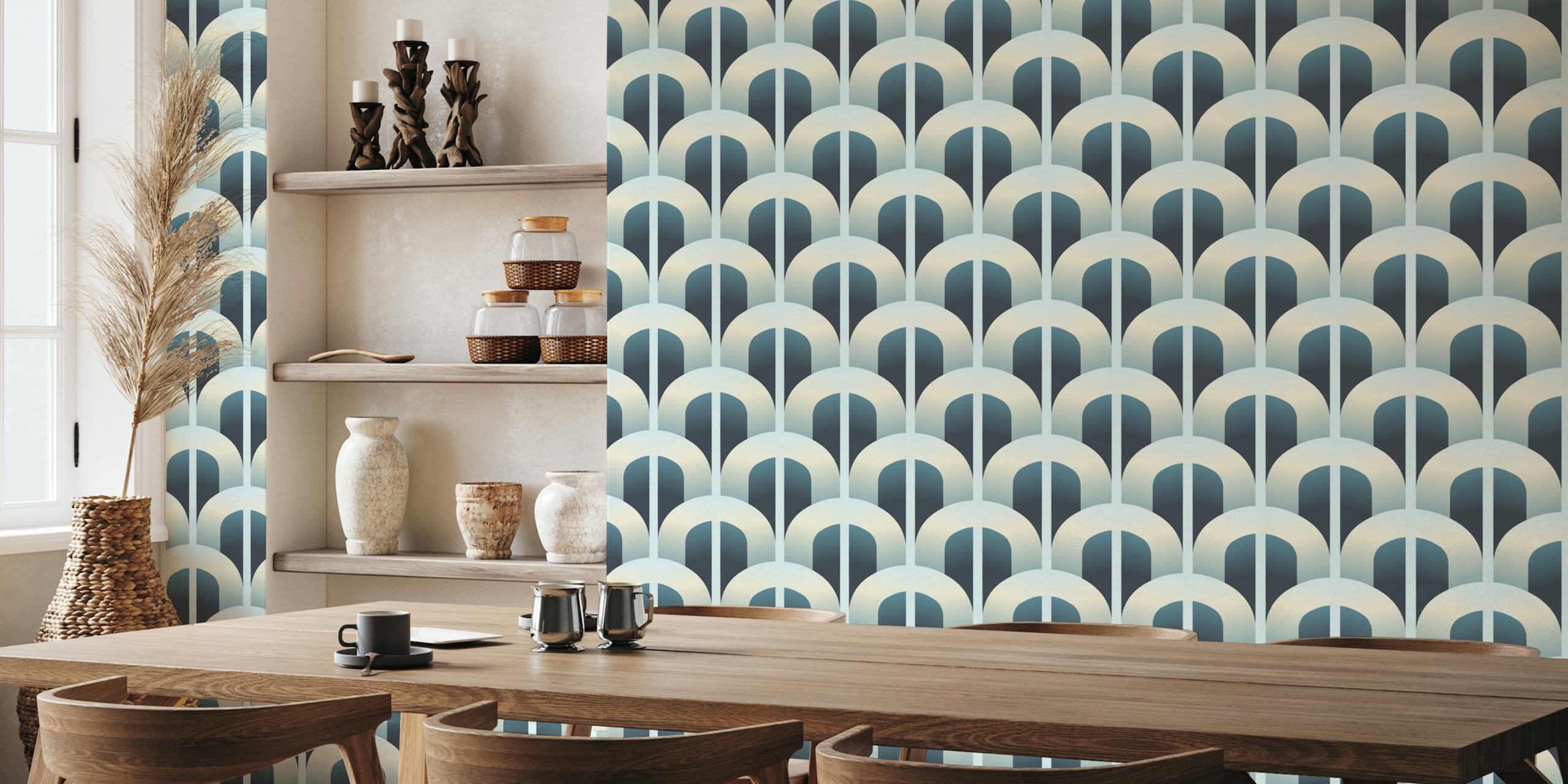Blue gate wallpaper displayed in a room