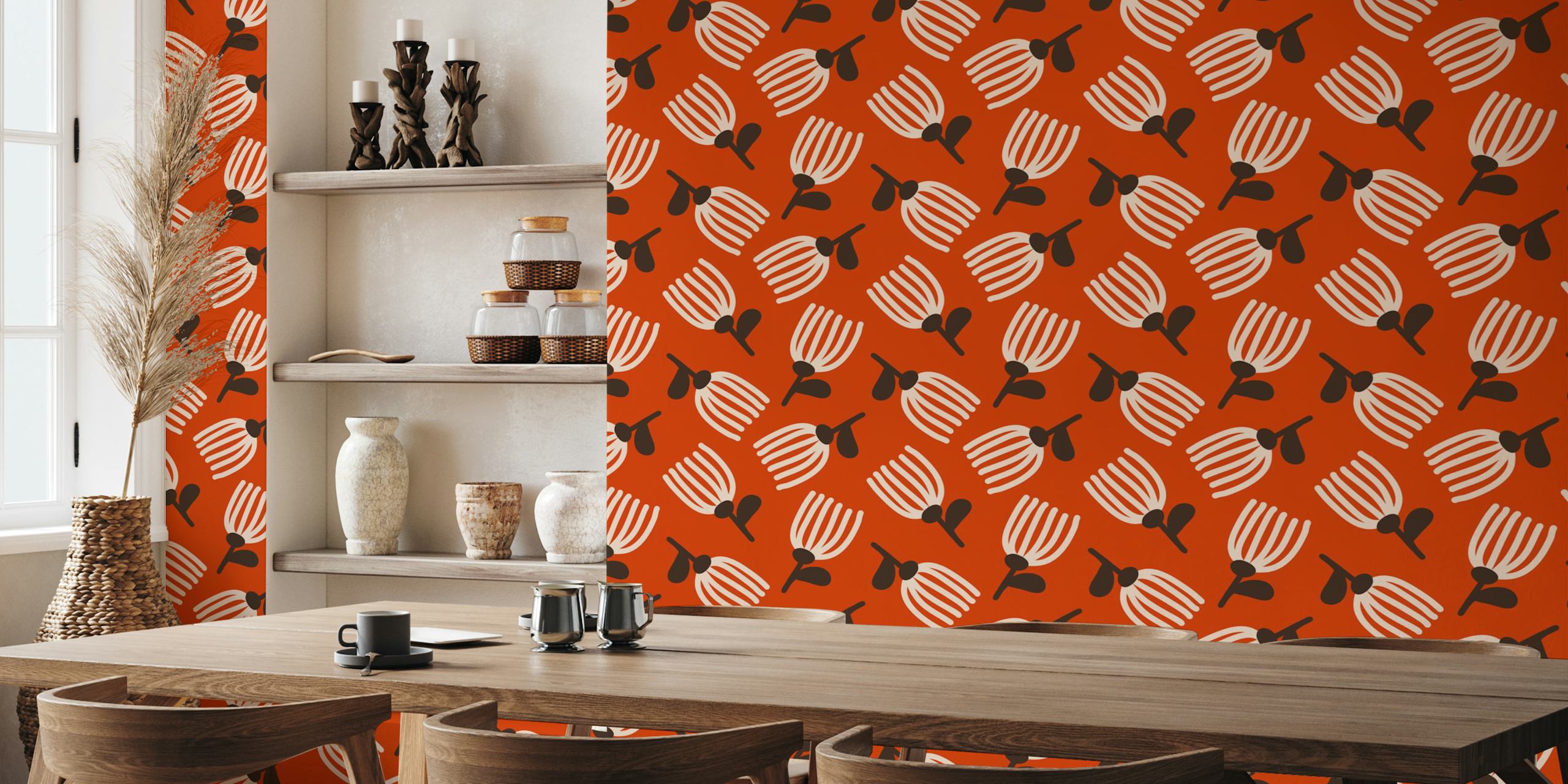 Abstract flowers in red and cream on a bold orange background wallpaper