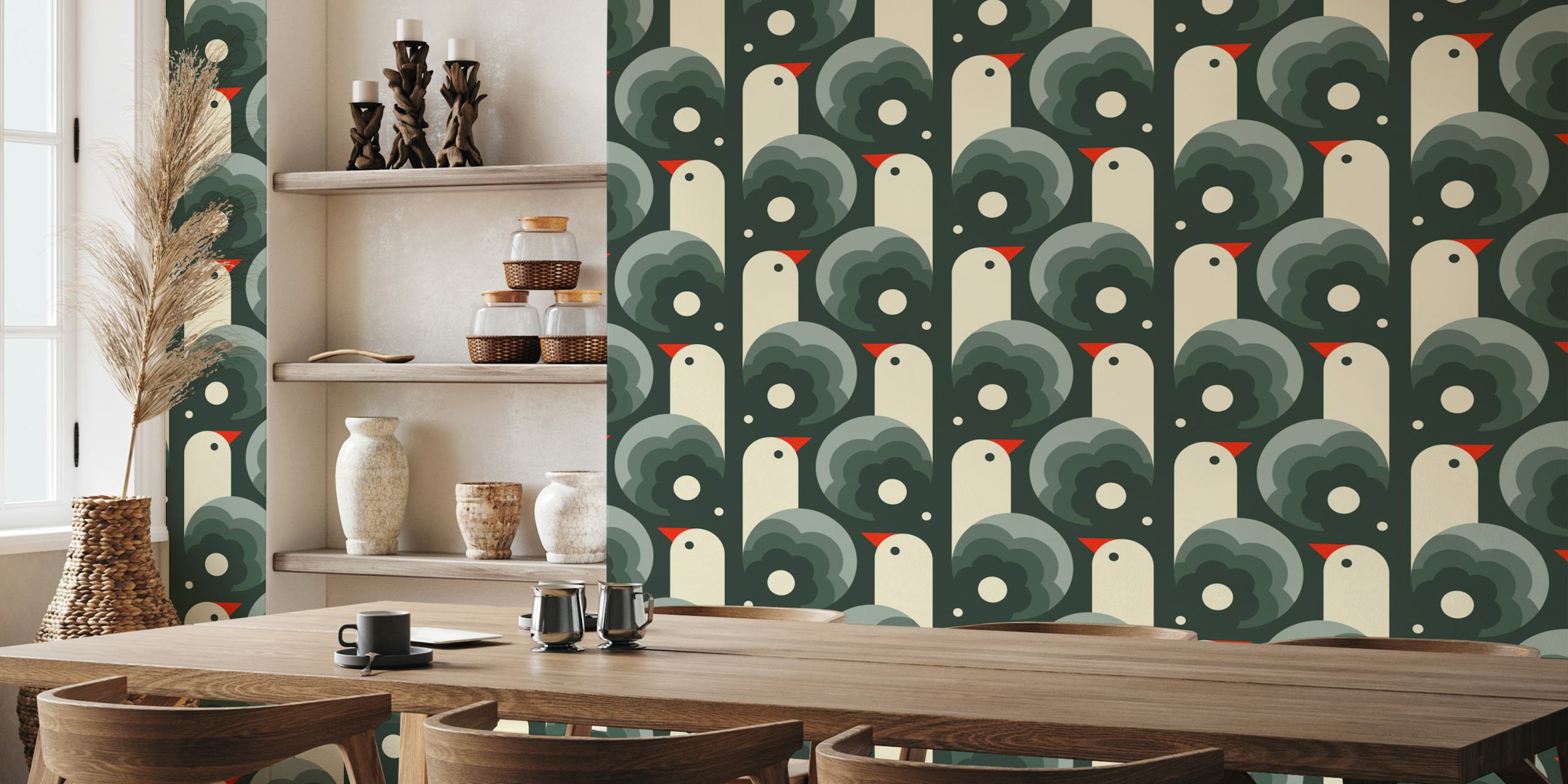 Playful birds with grey and cream background wallpaper
