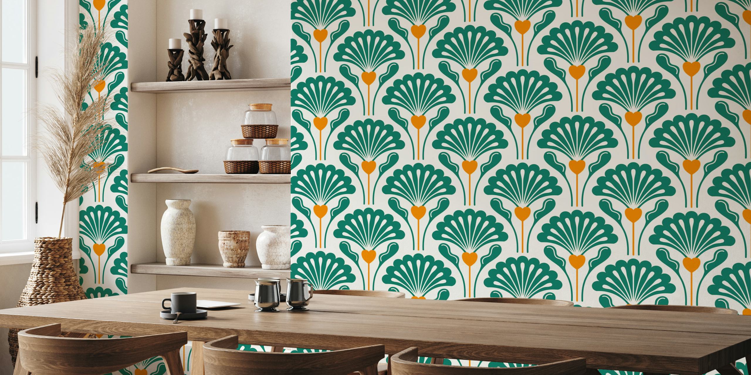 Floral patterns in green and orange on cream wallpaper