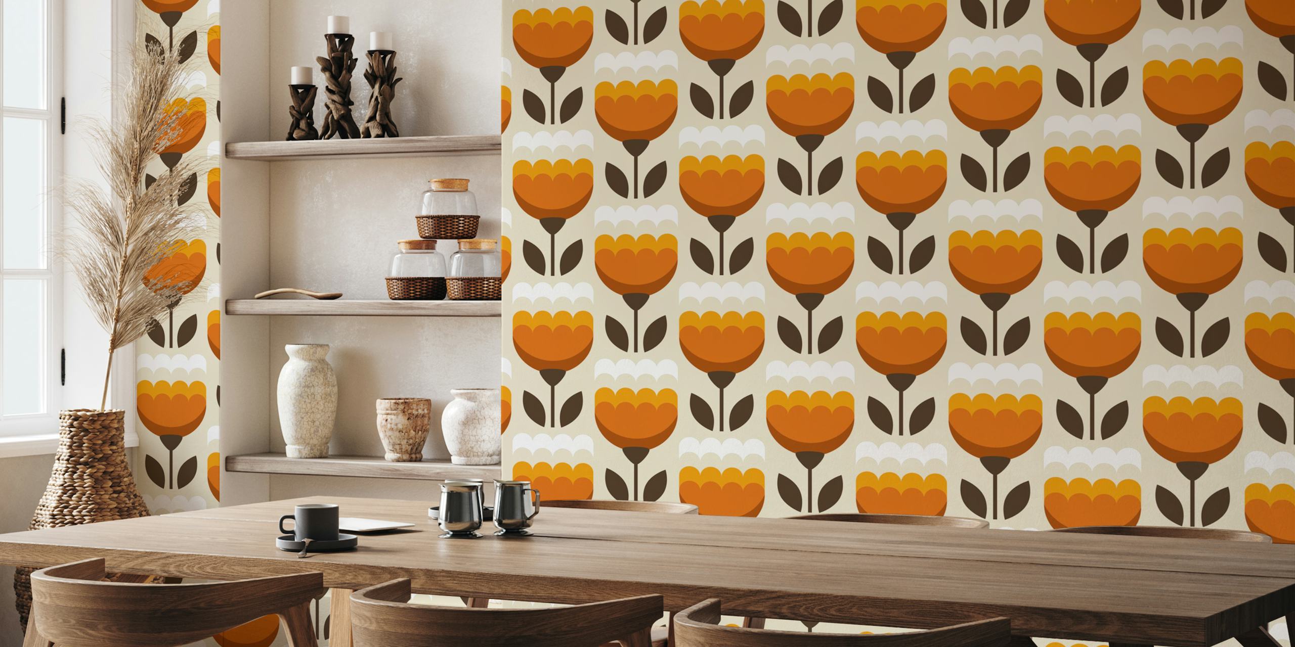 Oranje abstract tulips wallpaper in een kamer