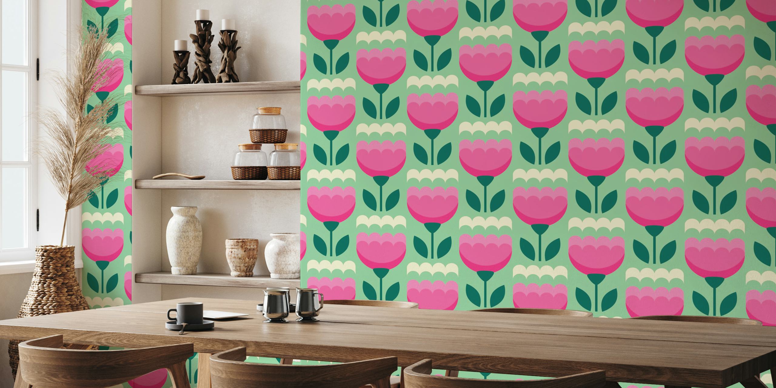 Pink abstract tulips wallpaper in a room
