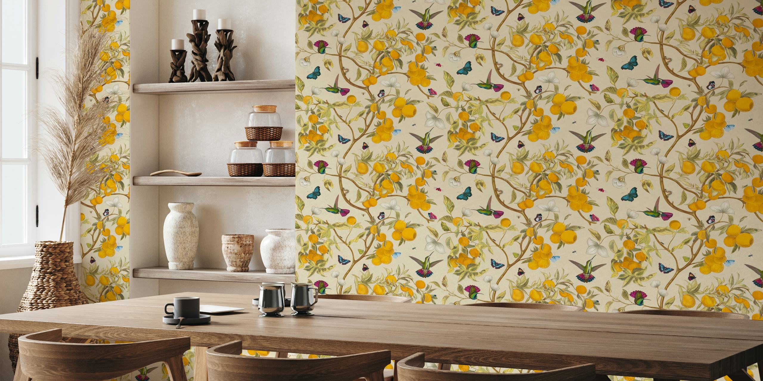 Hummingbirds and lemons wallpaper design