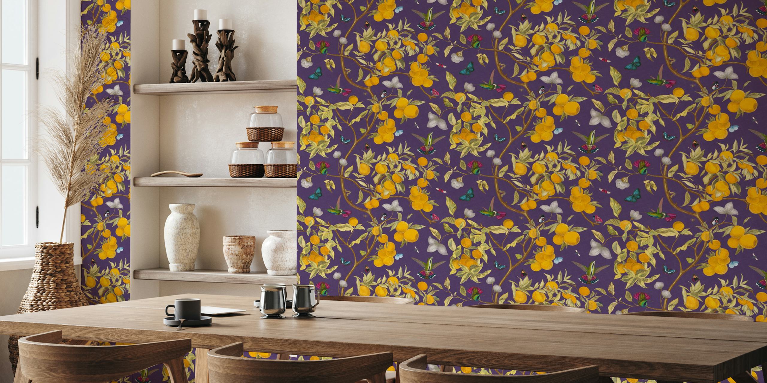 Hummingbirds and lemons wallpaper design in room