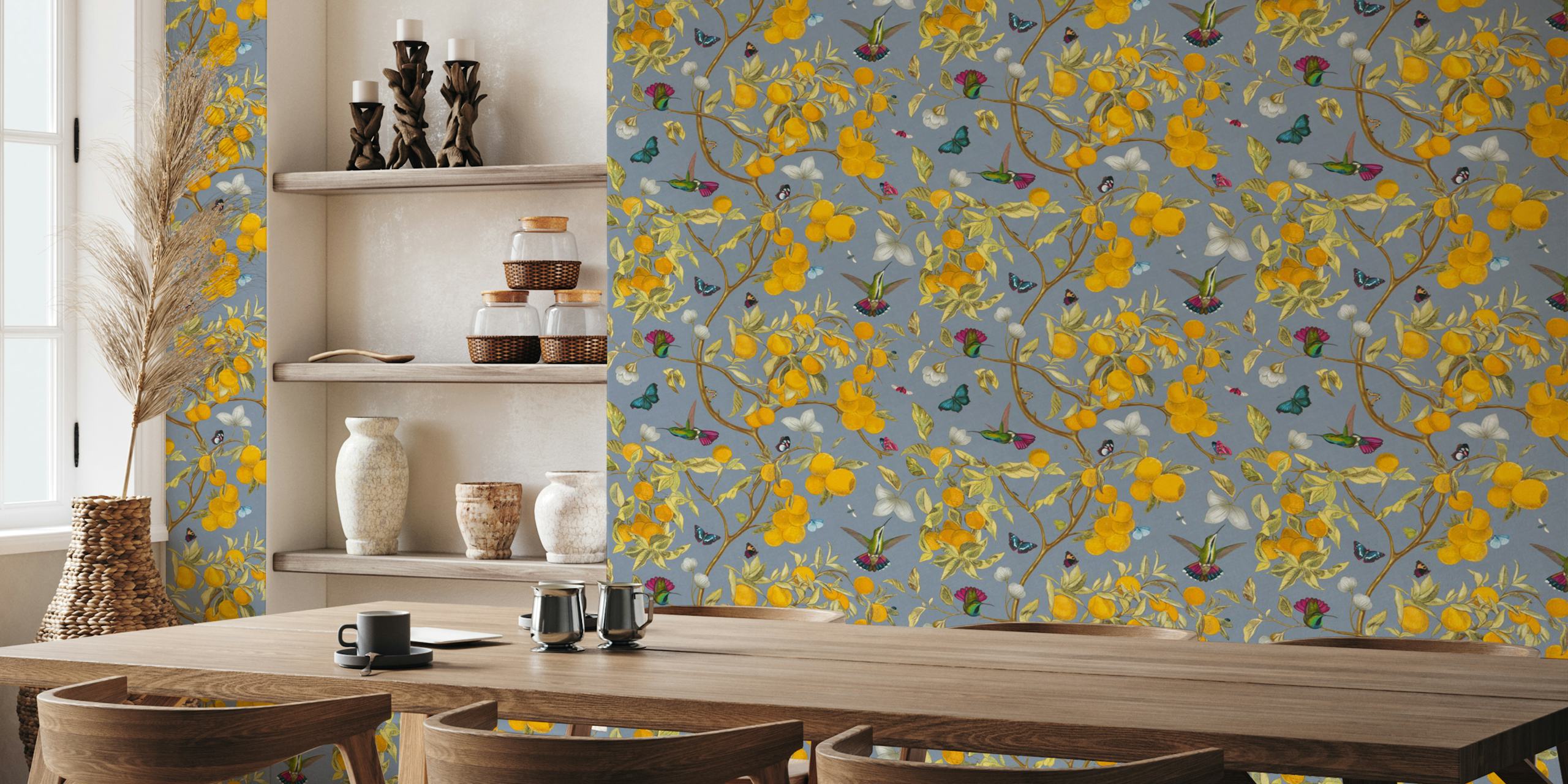 Hummingbirds, lemons, and butterflies on blue background wallpaper