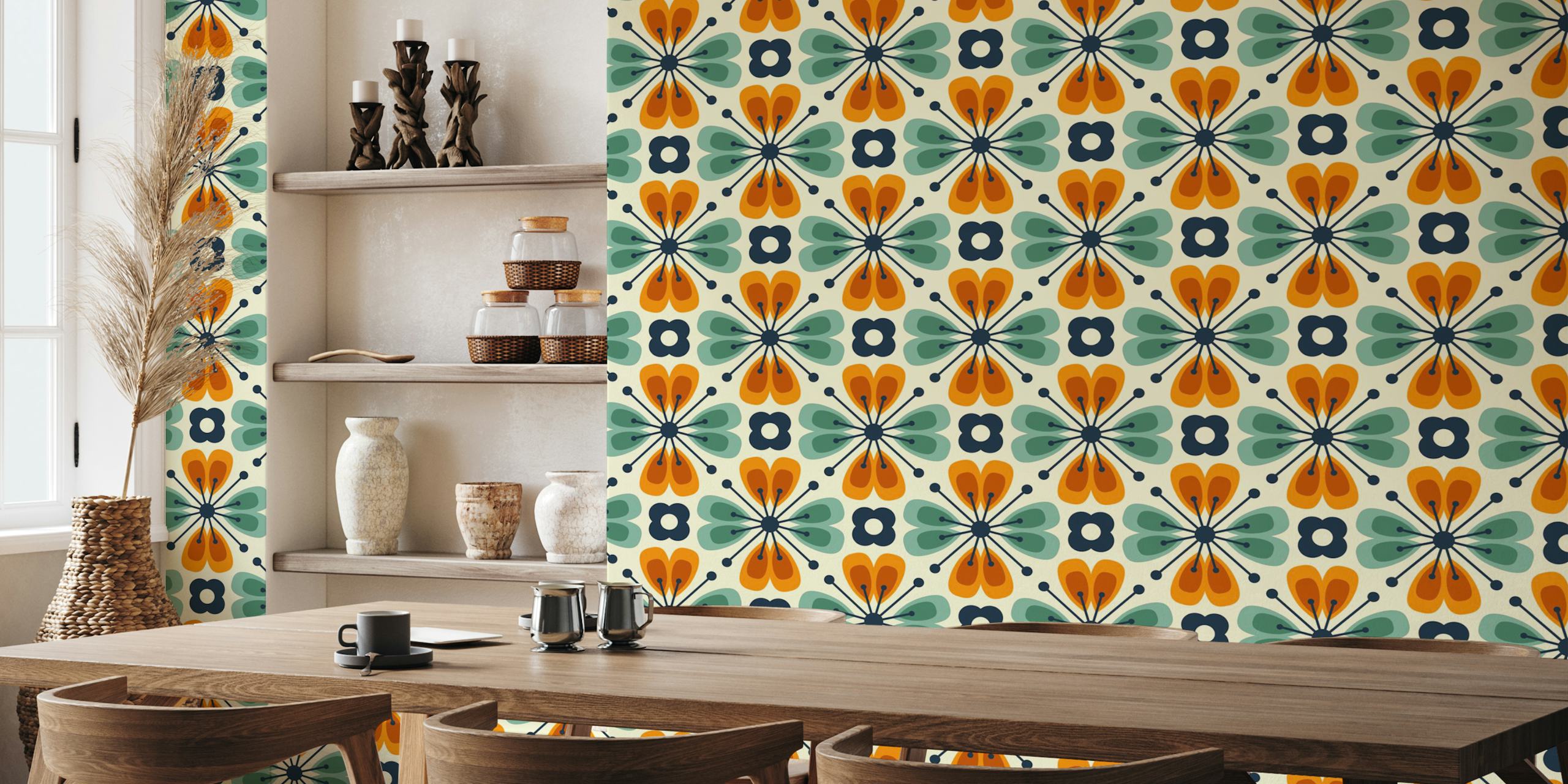 Vintage orange and teal floral pattern wallpaper