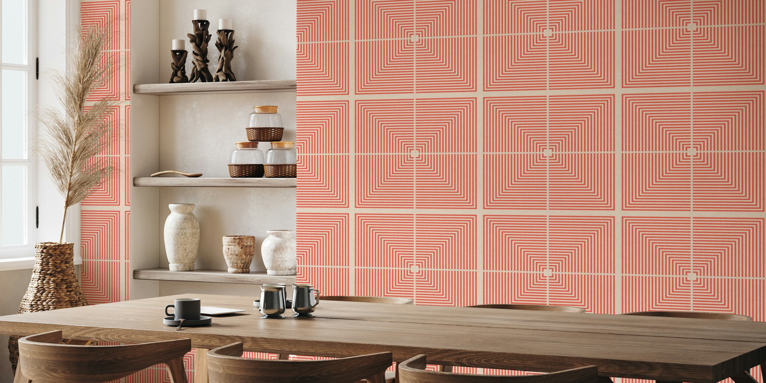 Geometric pattern in coral and cream wallpaper