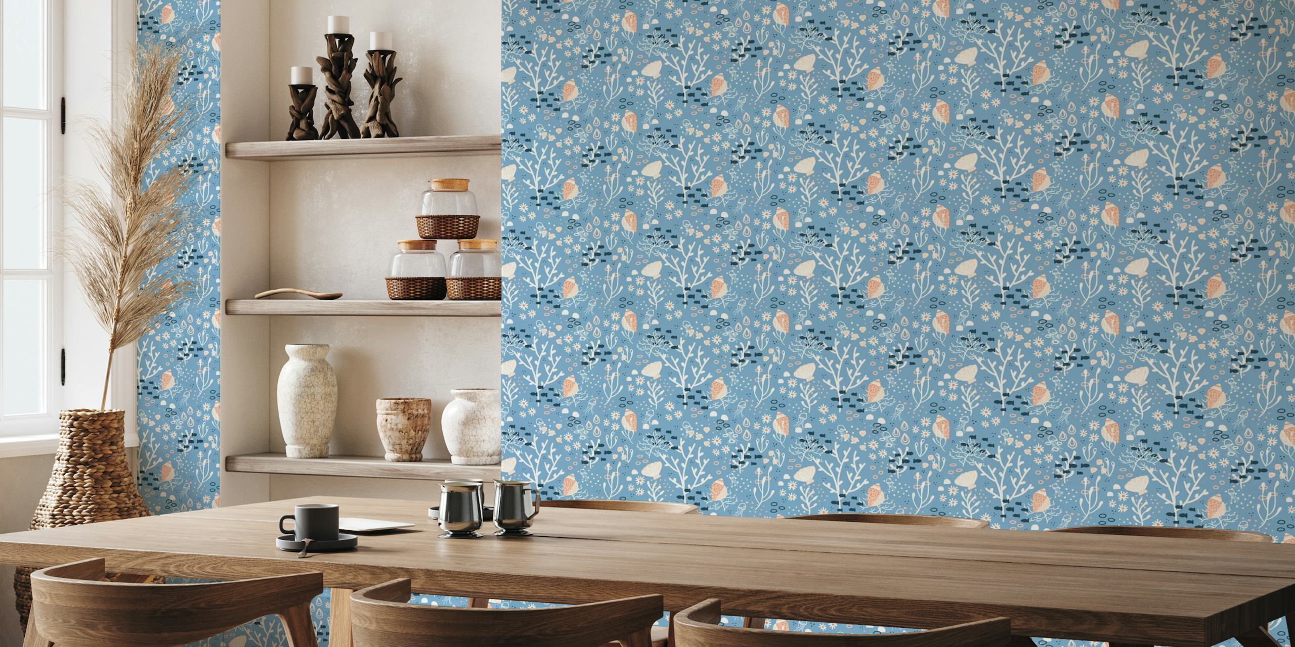 Illustrative seashell pattern wall mural with oceanic elements in pastel colors