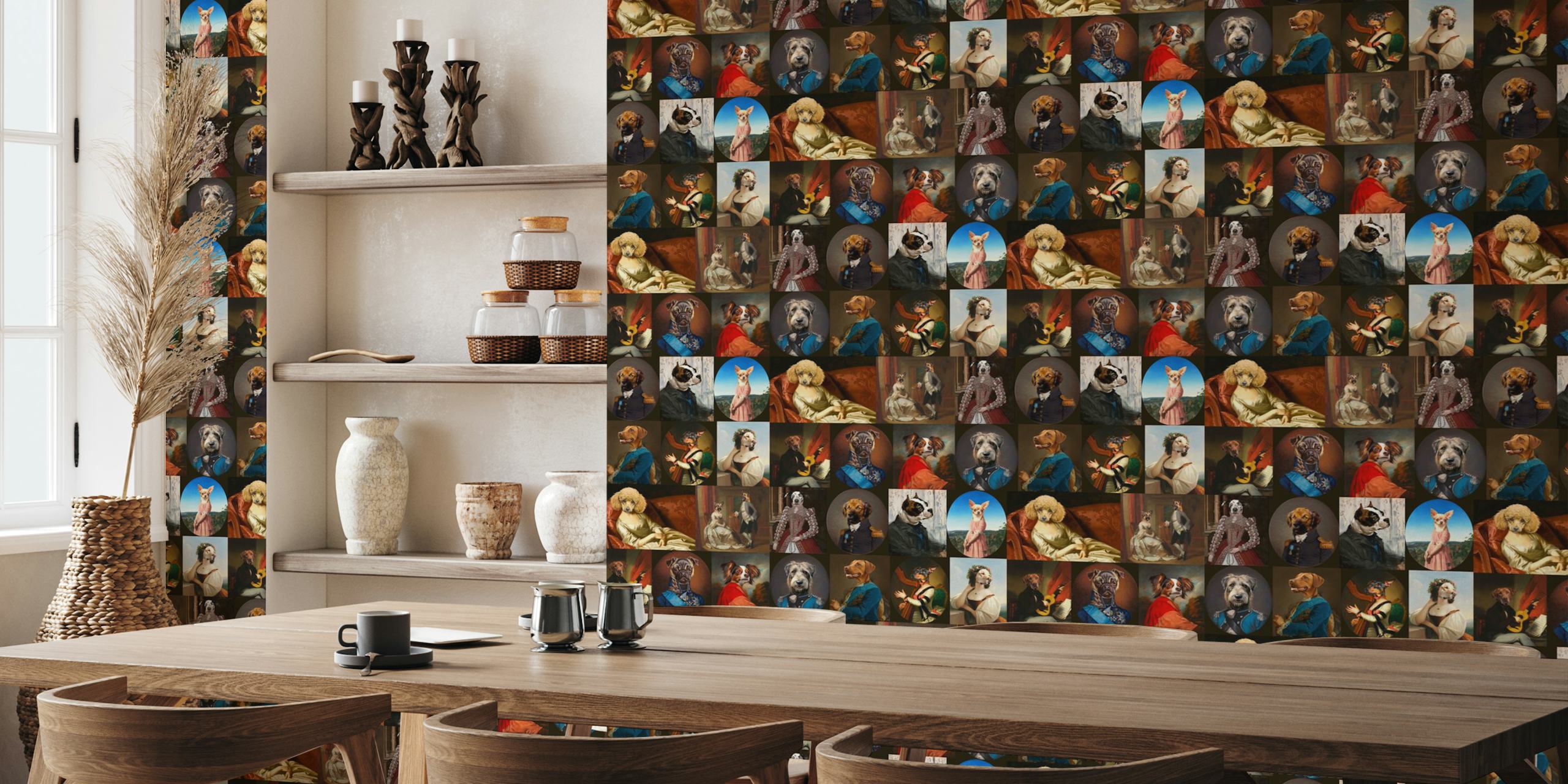 Variety of dog portraits in classic artwork style wallpaper